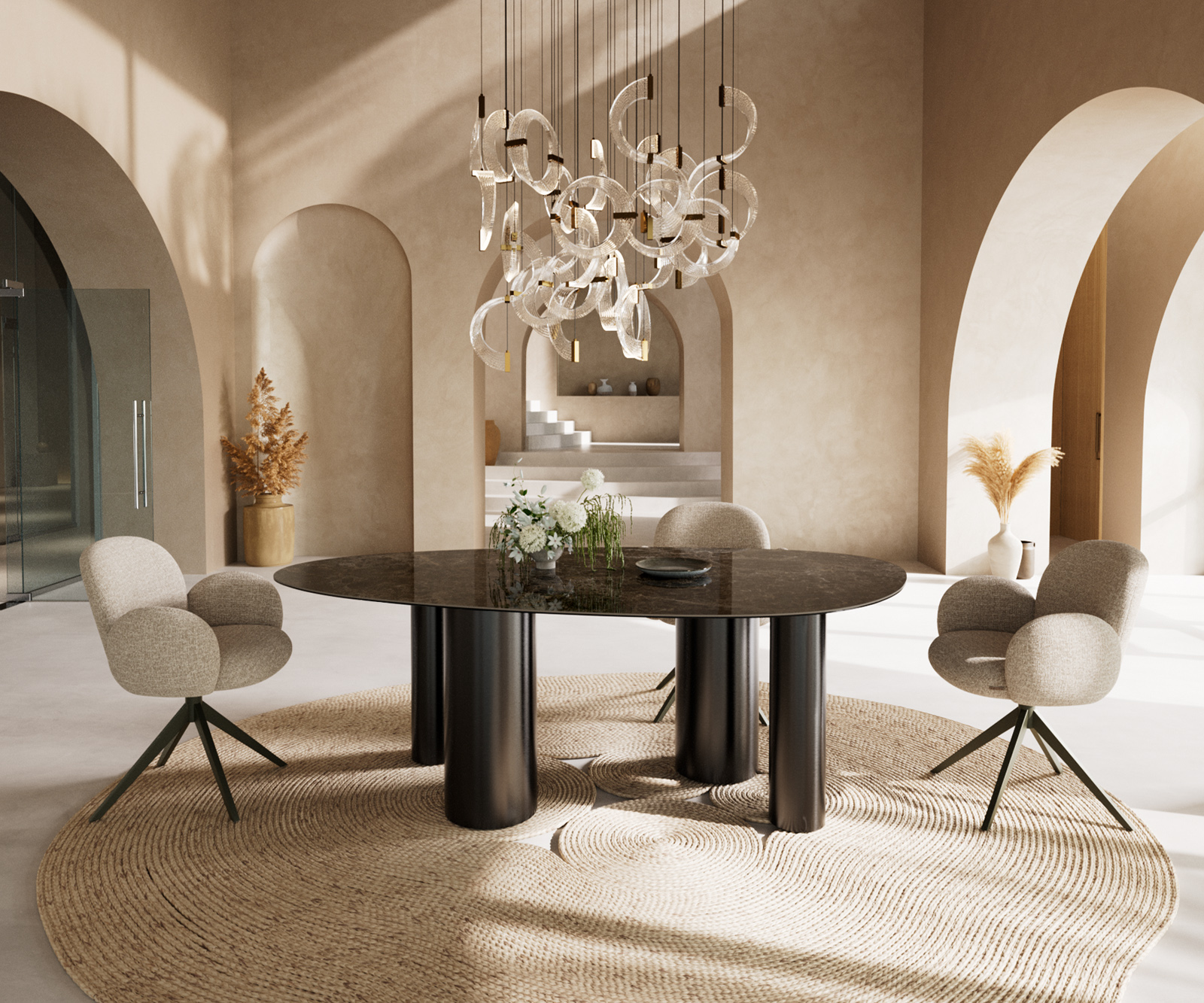 Jedálenský stôl Edge oválny 220x120 keramika Laminam® Emperador Extra Lucidato tmavohnedá pilier nerezová oceľ grafitová - Image 4