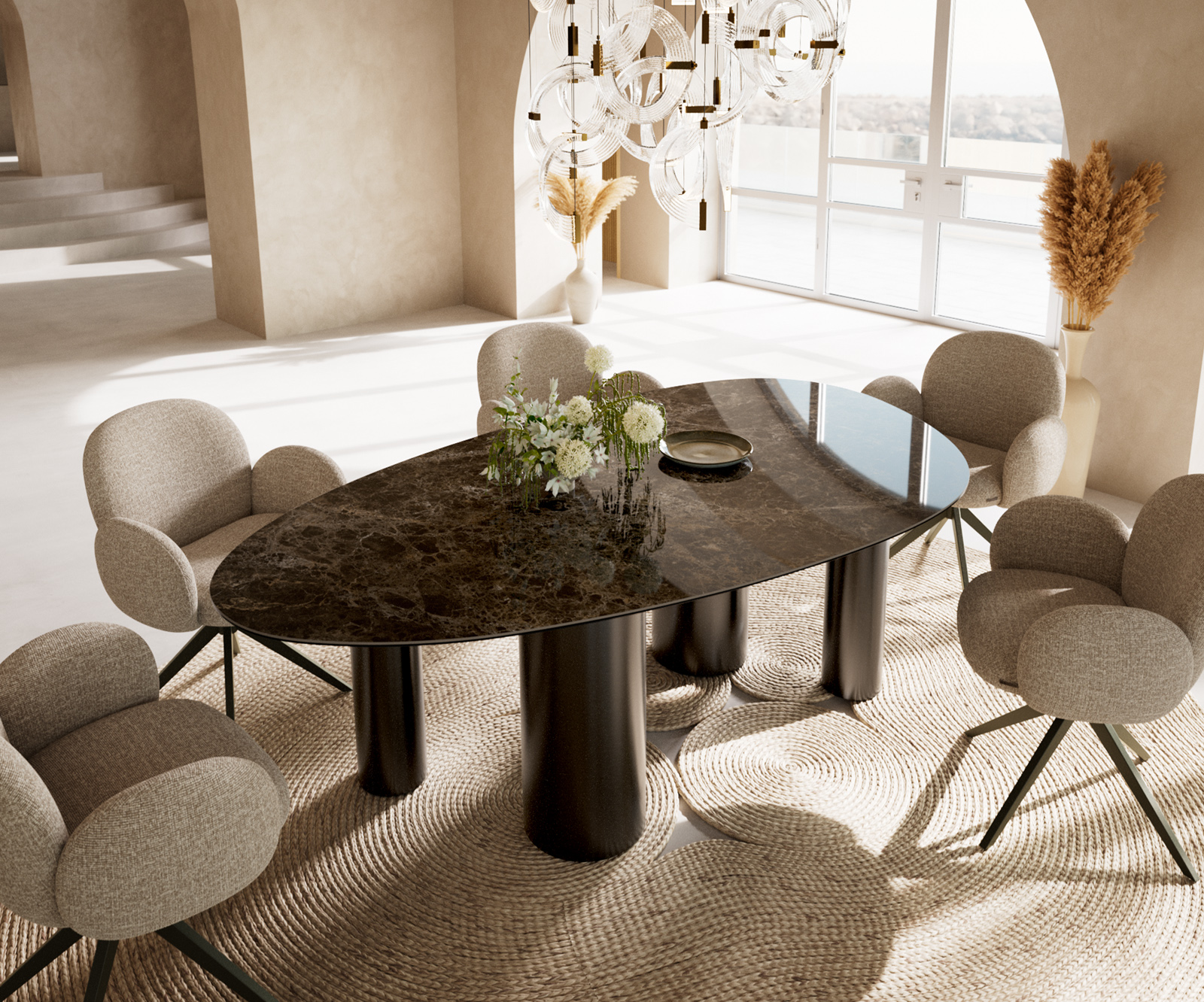 Jedálenský stôl Edge oválny 220x120 keramika Laminam® Emperador Extra Lucidato tmavohnedá pilier nerezová oceľ grafitová