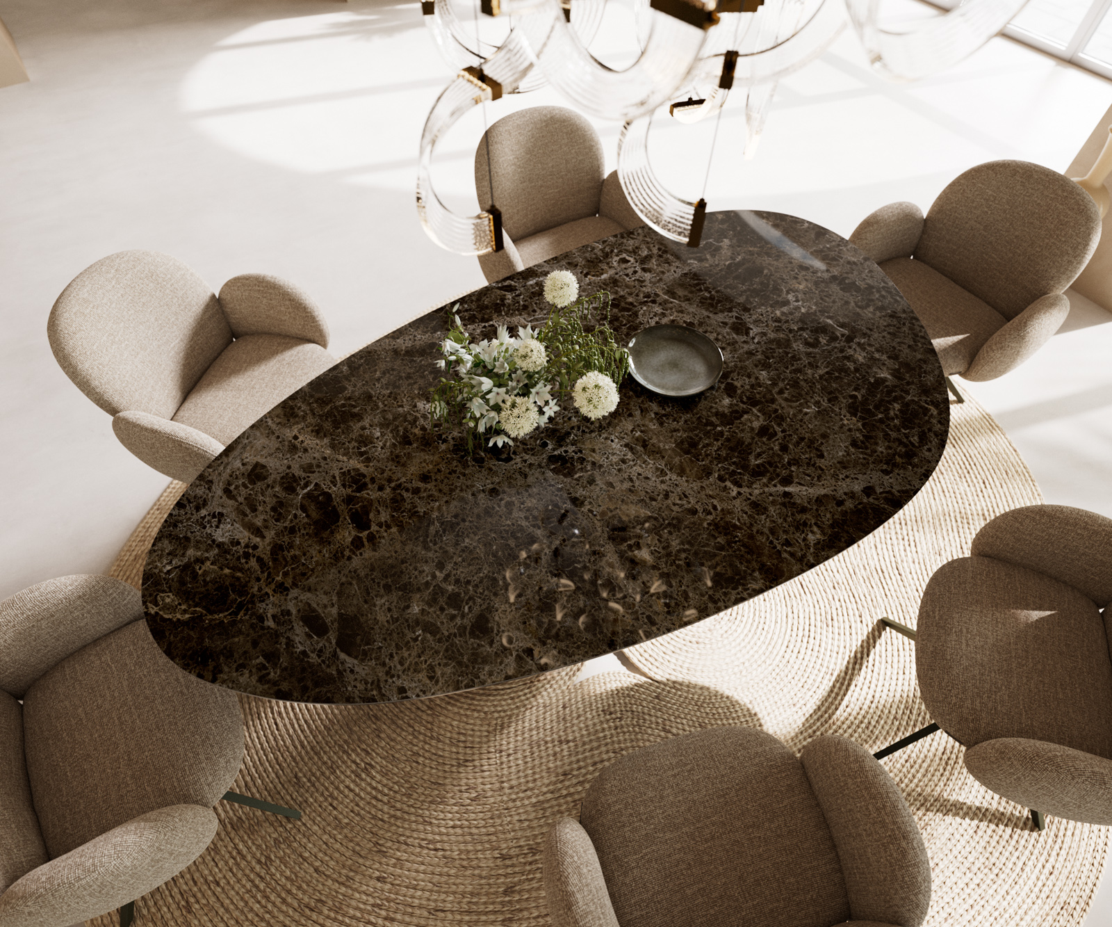 Jedálenský stôl Edge oválny 220x120 keramika Laminam® Emperador Extra Lucidato tmavohnedá pilier nerezová oceľ grafitová - Image 2