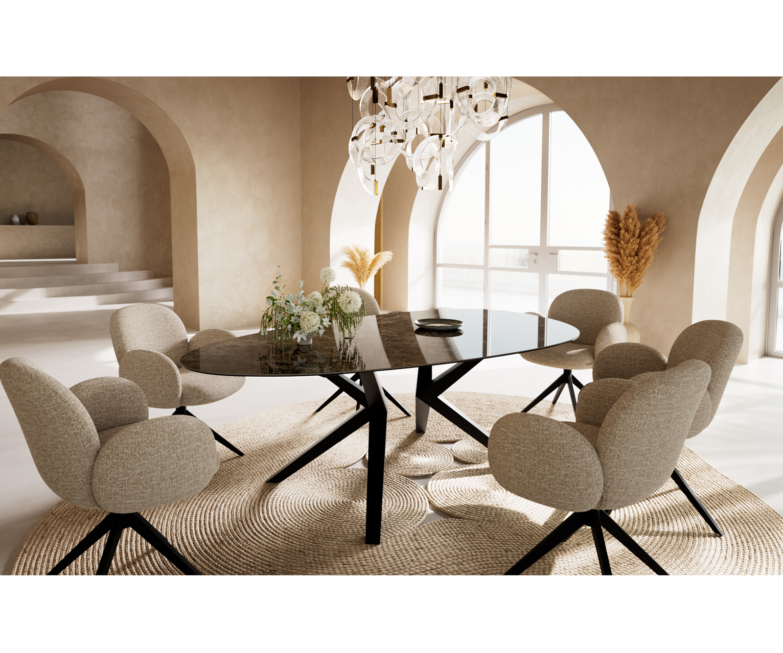 Jedálenský stôl Edge oválny 220x120 keramika Laminam® Emperador Extra Lucidato tmavohnedá Zenthara hranatý kov čierna - Image 6