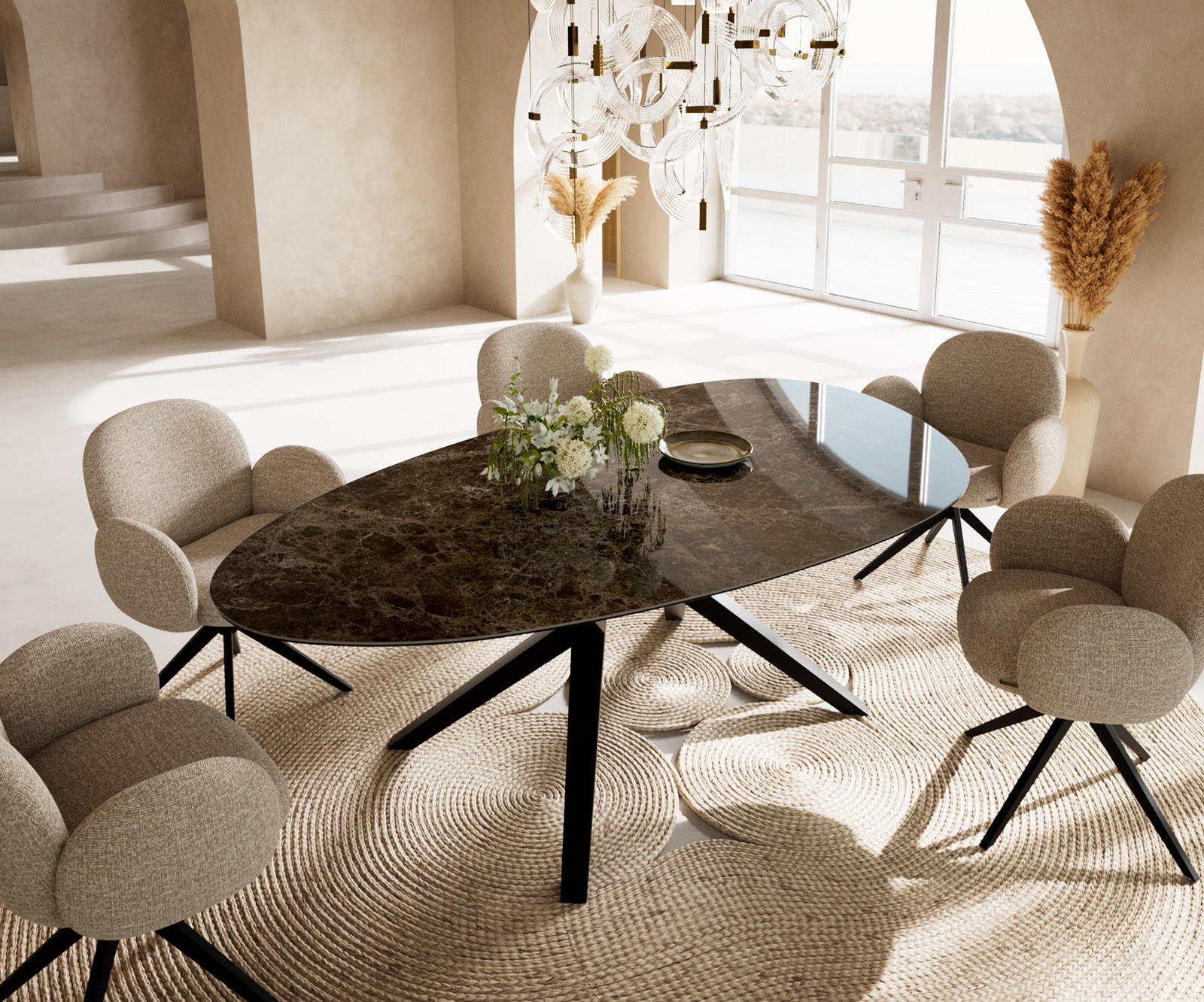 Jedálenský stôl Edge oválny 220x120 keramika Laminam® Emperador Extra Lucidato tmavohnedá Zenthara hranatý kov čierna