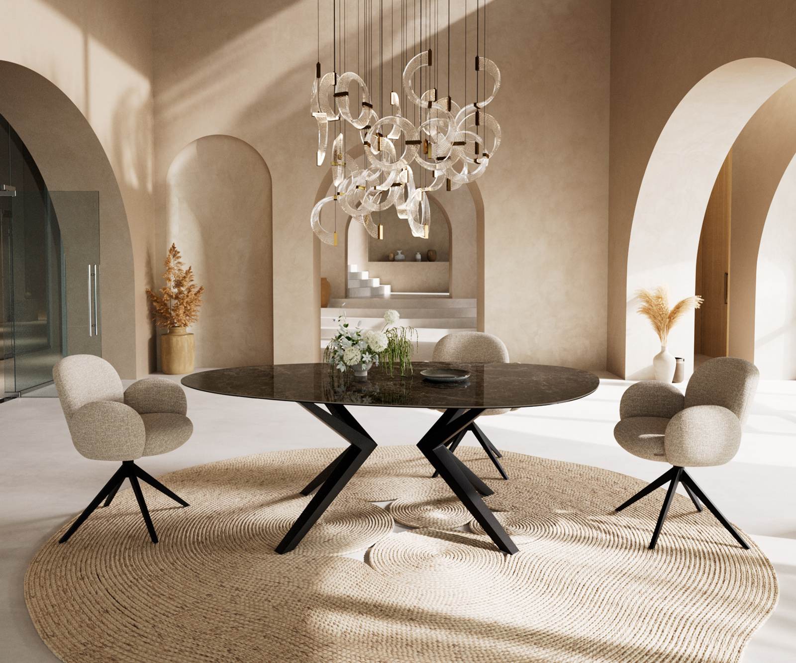 Jedálenský stôl Edge oválny 220x120 keramika Laminam® Emperador Extra Lucidato tmavohnedá Zenthara hranatý kov čierna - Image 4