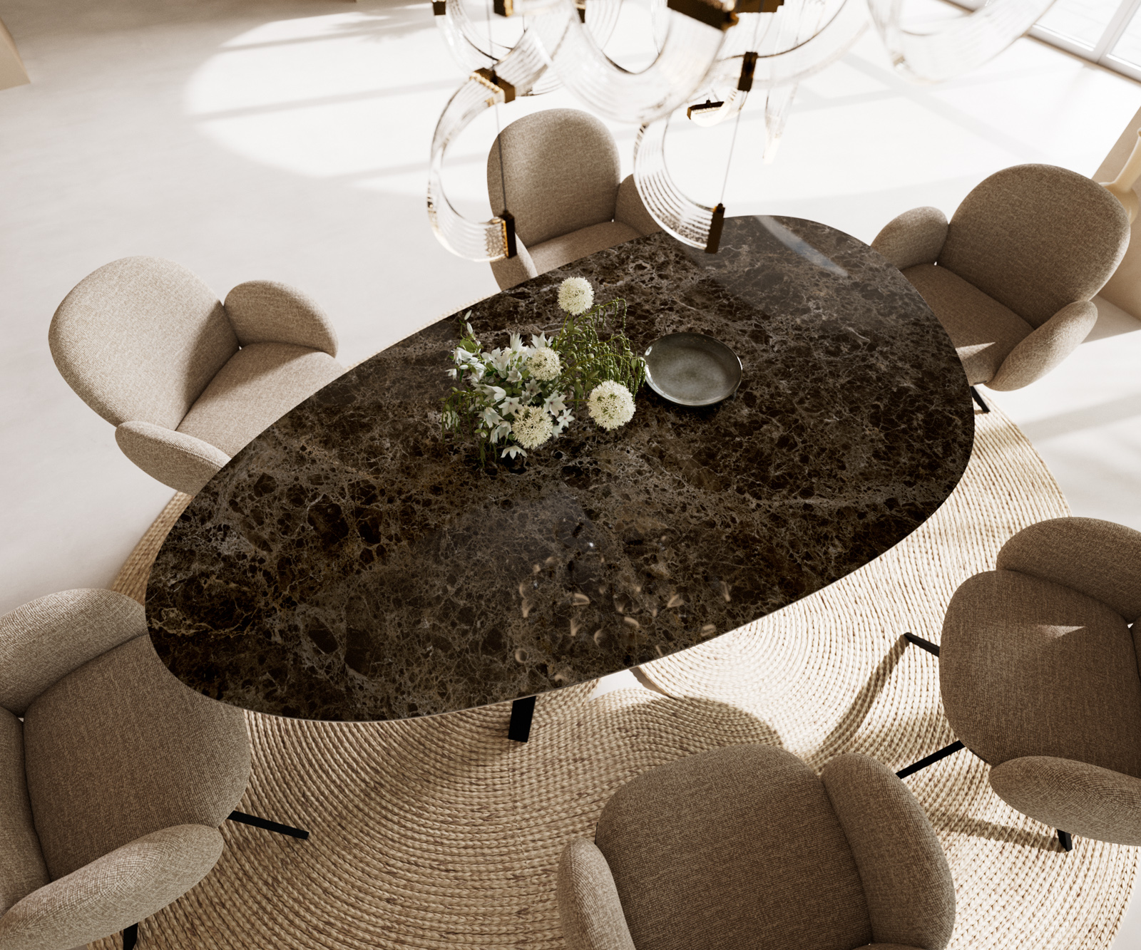 Jedálenský stôl Edge oválny 220x120 keramika Laminam® Emperador Extra Lucidato tmavohnedá Zenthara hranatý kov čierna - Image 2