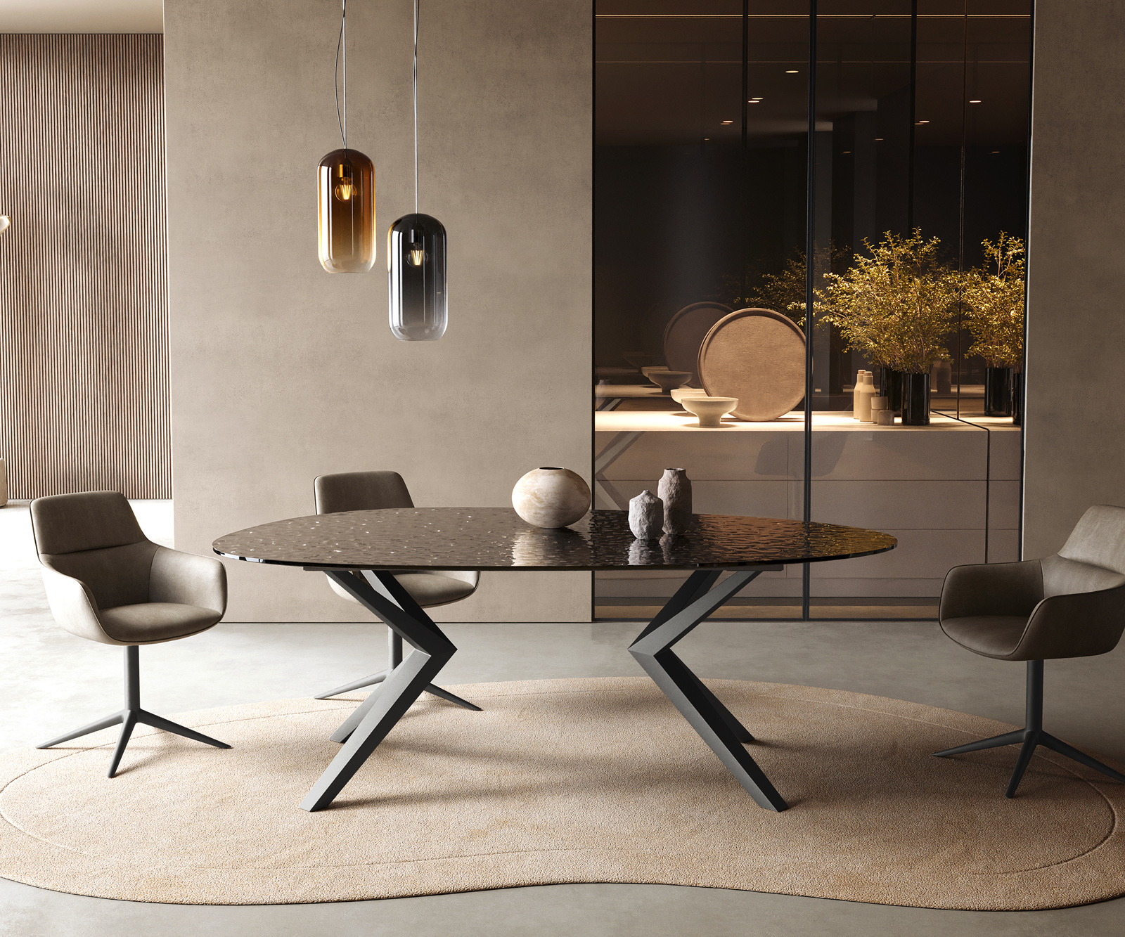 Jedálenský stôl Edge oválny 220x120 reliéfne sklo dymovo čierna 3D dizajn Zenthara hranatý kov čierna - Image 2