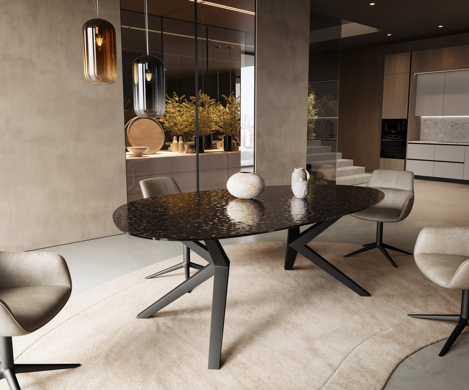 Jedálenský stôl Edge oválny 220x120 reliéfne sklo dymovo čierna 3D dizajn Zenthara hranatý kov čierna