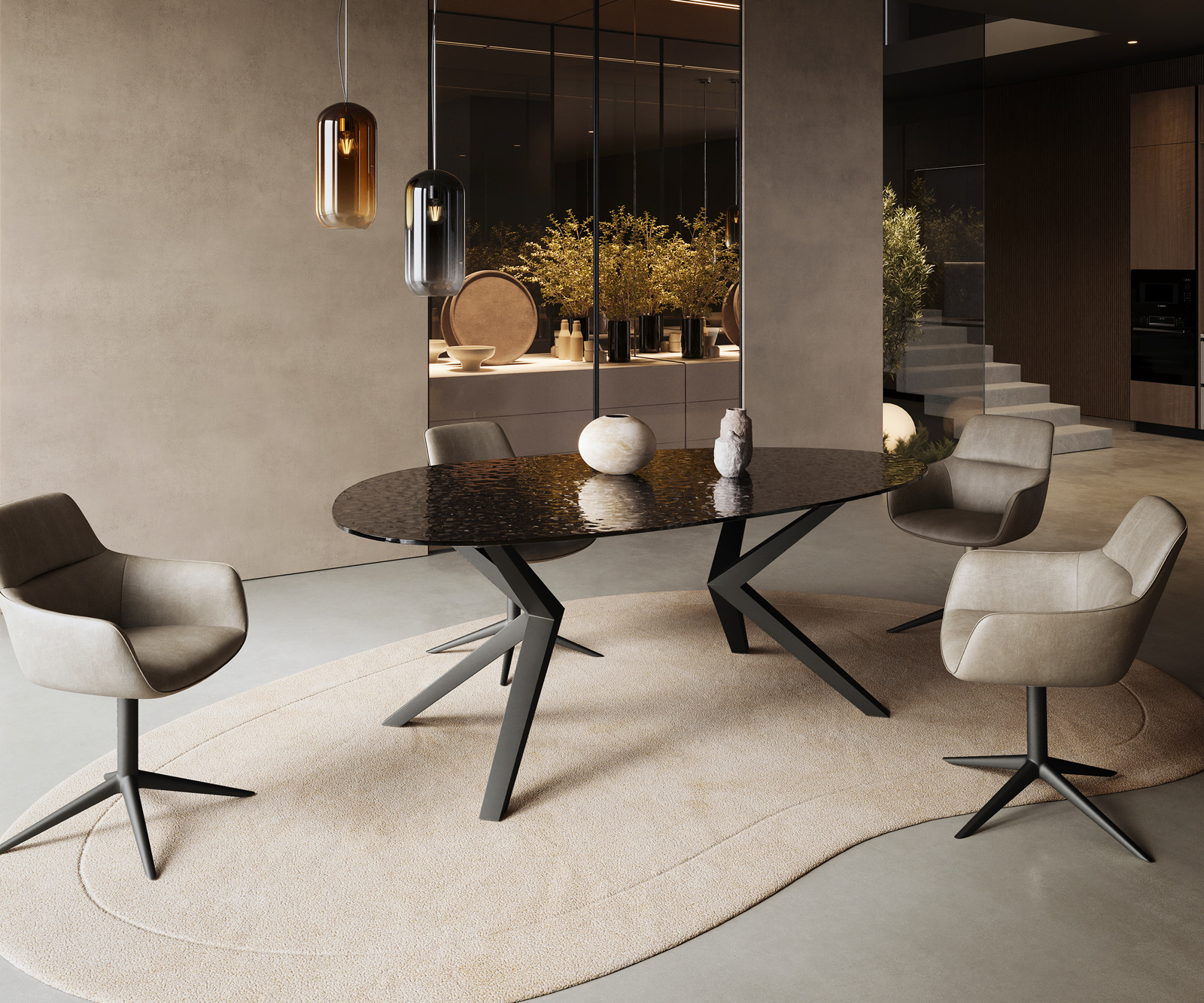 Jedálenský stôl Edge oválny 220x120 reliéfne sklo dymovo čierna 3D dizajn Zenthara hranatý kov čierna - Image 5