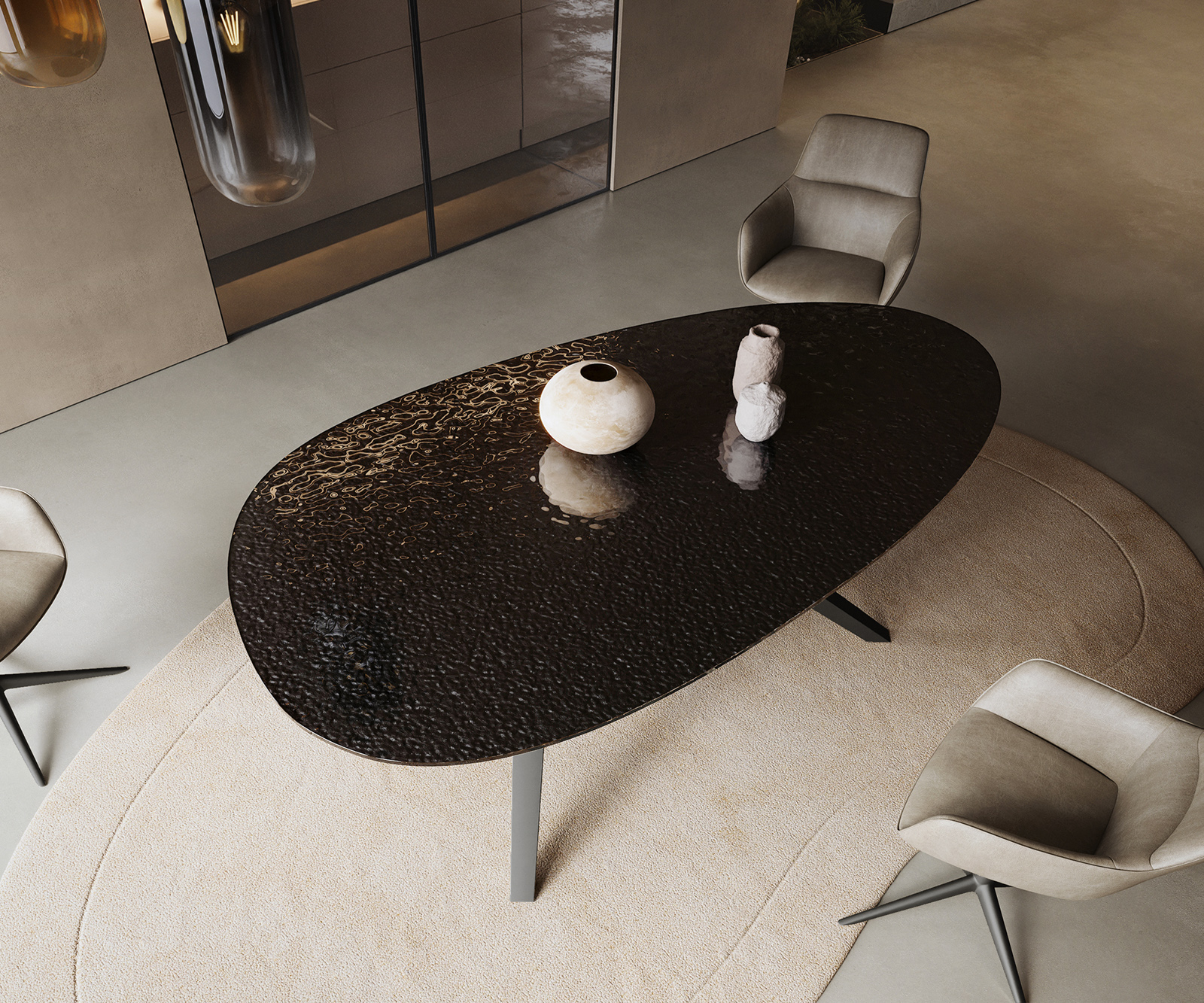 Jedálenský stôl Edge oválny 220x120 reliéfne sklo dymovo čierna 3D dizajn Zenthara hranatý kov čierna - Image 4