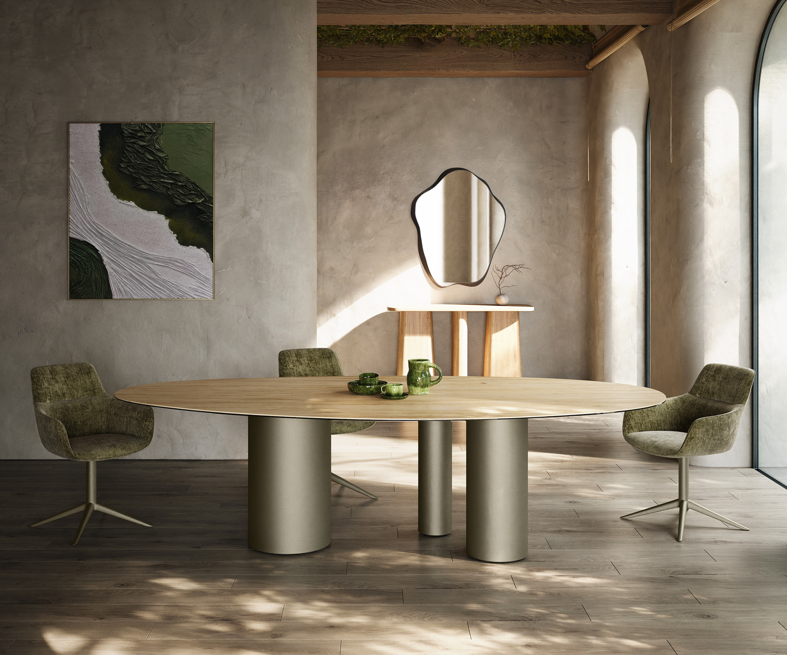 Jedálenský stôl Edge oválny 280x130 keramika Laminam® sabbia dubová farba Troa kov titánová farba - Image 2