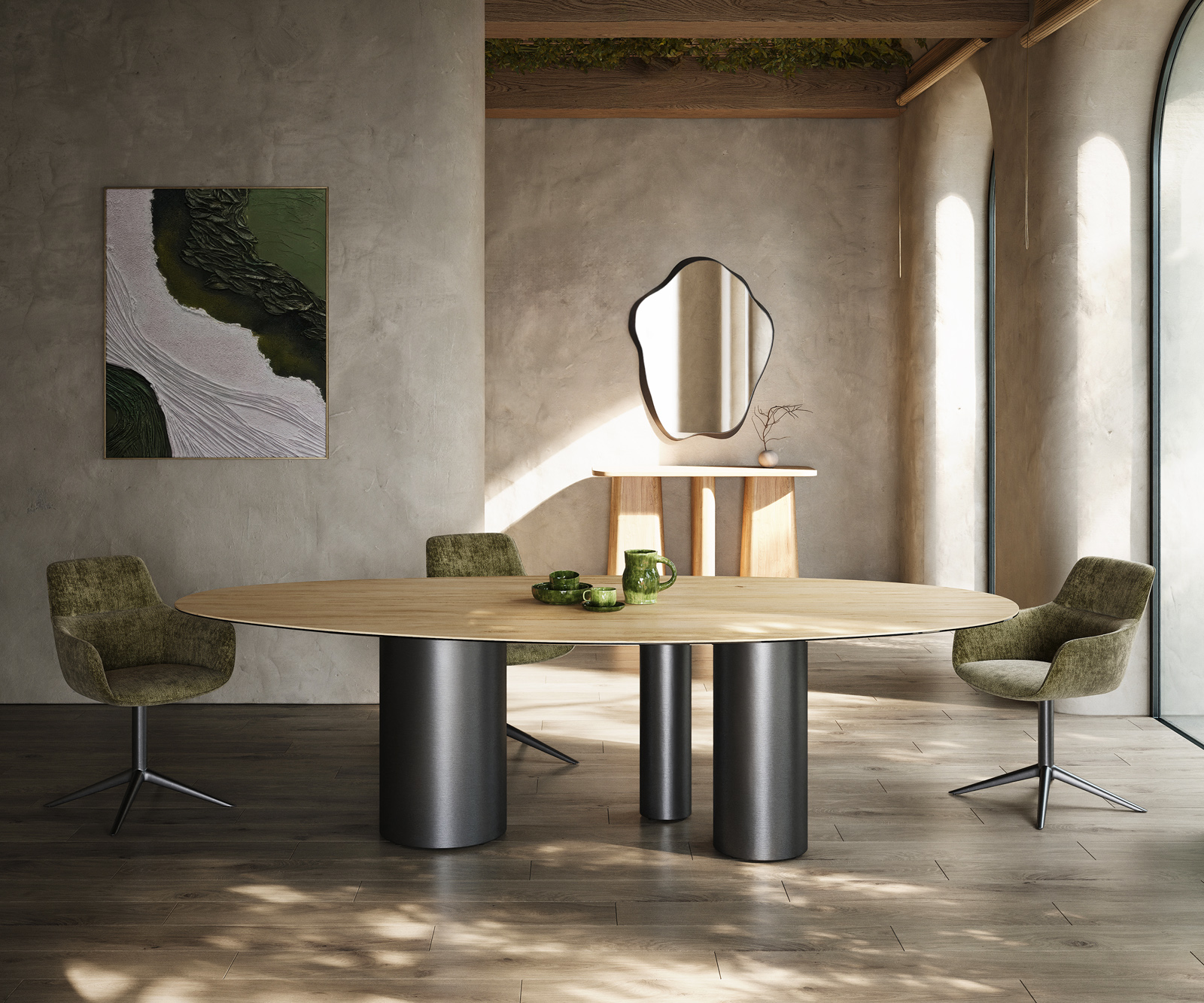 Jedálenský stôl Edge oválny 280x130 keramika Laminam® Sabbia dubová farba Troa nerezová oceľ grafitová - Image 2