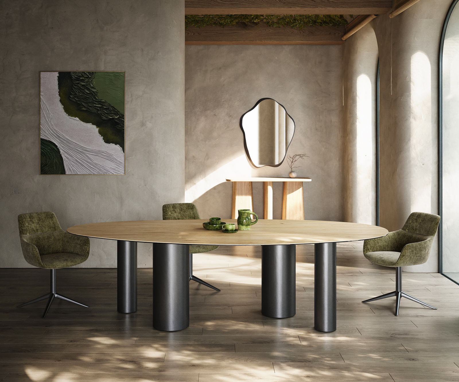 Jedálenský stôl Edge oválny 280x130 keramika Laminam® Sabbia dubová podstava nerezová oceľ grafitová - Image 2