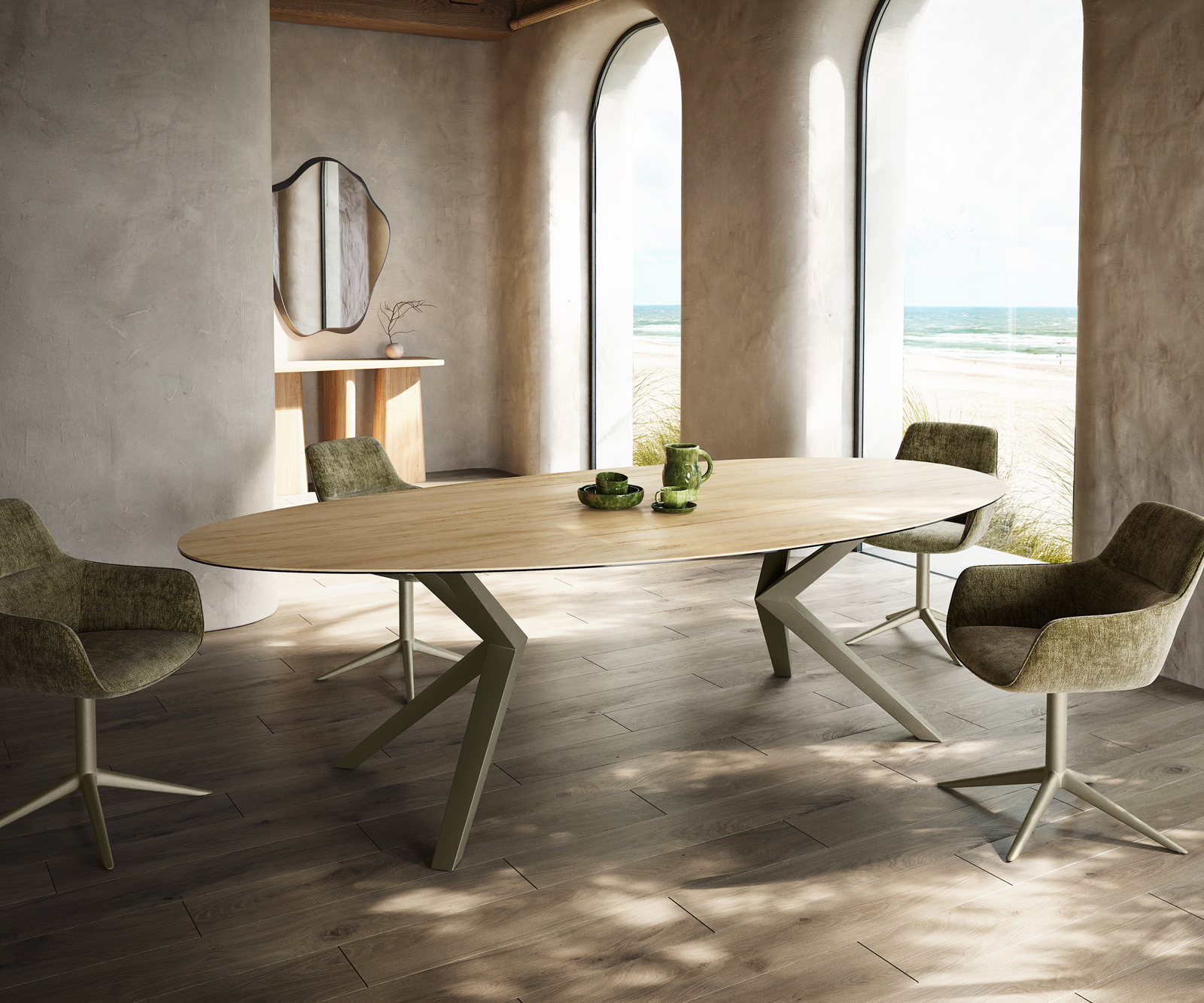 Jedálenský stôl Edge oválny 280x130 keramika Laminam® sabbia dubová farba Zenthara hranatý kov titánová farba