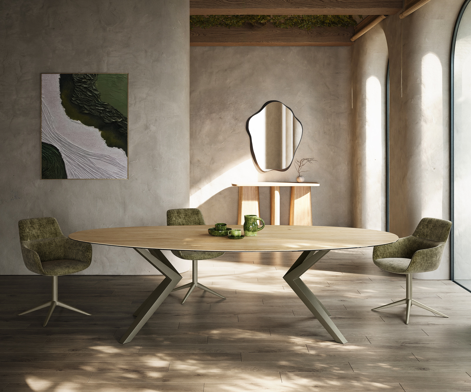 Jedálenský stôl Edge oválny 280x130 keramika Laminam® sabbia dubová farba Zenthara hranatý kov titánová farba - Image 2