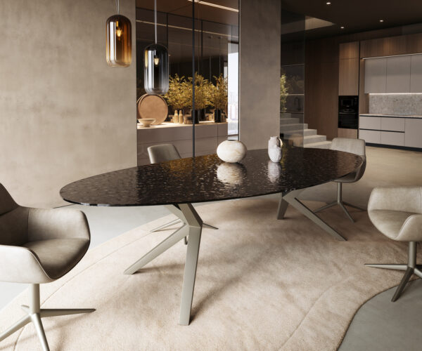 Jedálenský stôl Edge oválny 280x130 reliéfne sklo dymovo čierna 3D dizajn Zenthara hranatý kov titánová farba