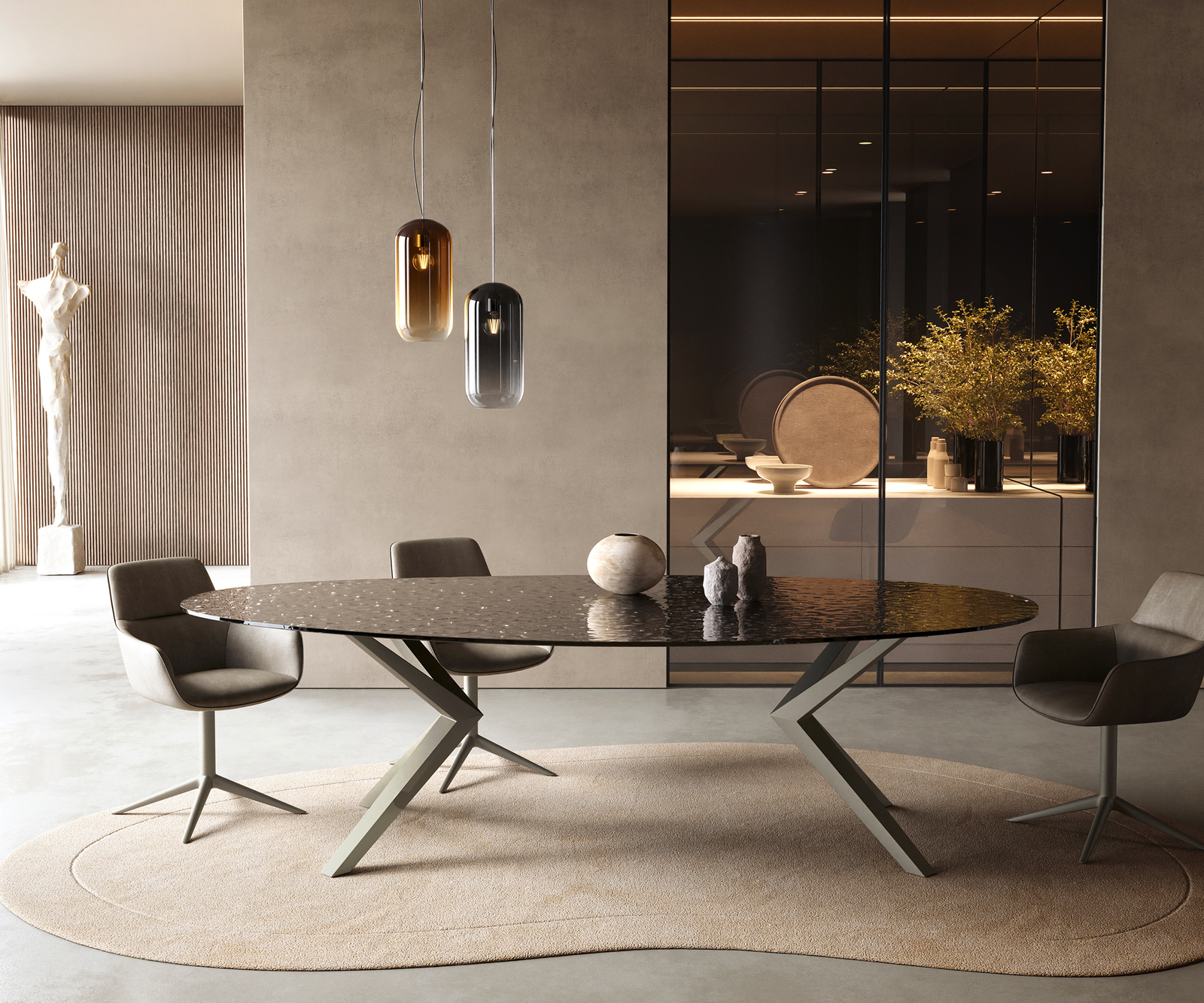 Jedálenský stôl Edge oválny 280x130 reliéfne sklo dymovo čierna 3D dizajn Zenthara hranatý kov titánová farba - Image 2