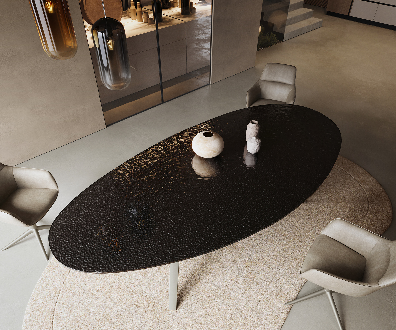 Jedálenský stôl Edge oválny 280x130 reliéfne sklo dymovo čierna 3D dizajn Zenthara hranatý kov titánová farba - Image 4