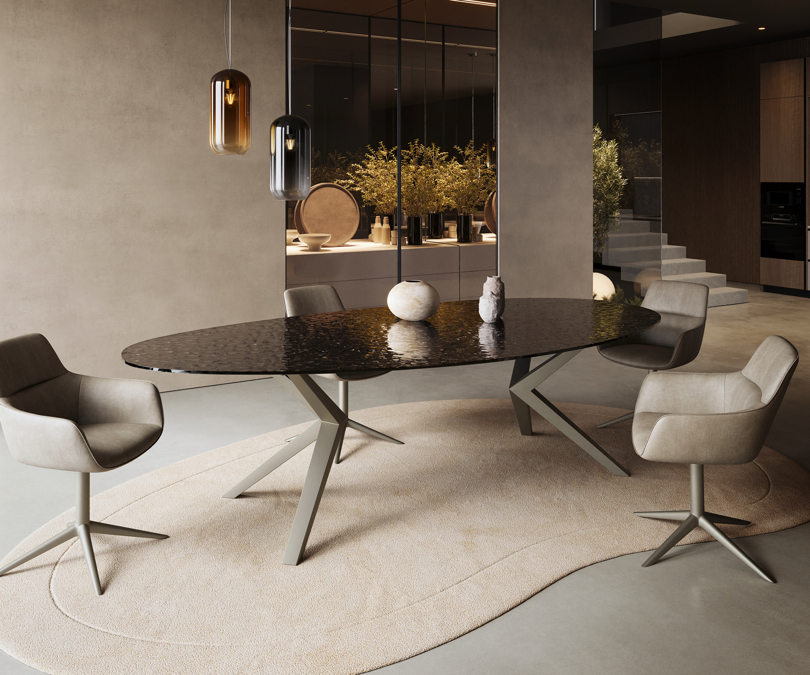 Jedálenský stôl Edge oválny 280x130 reliéfne sklo dymovo čierna 3D dizajn Zenthara hranatý kov titánová farba - Image 5