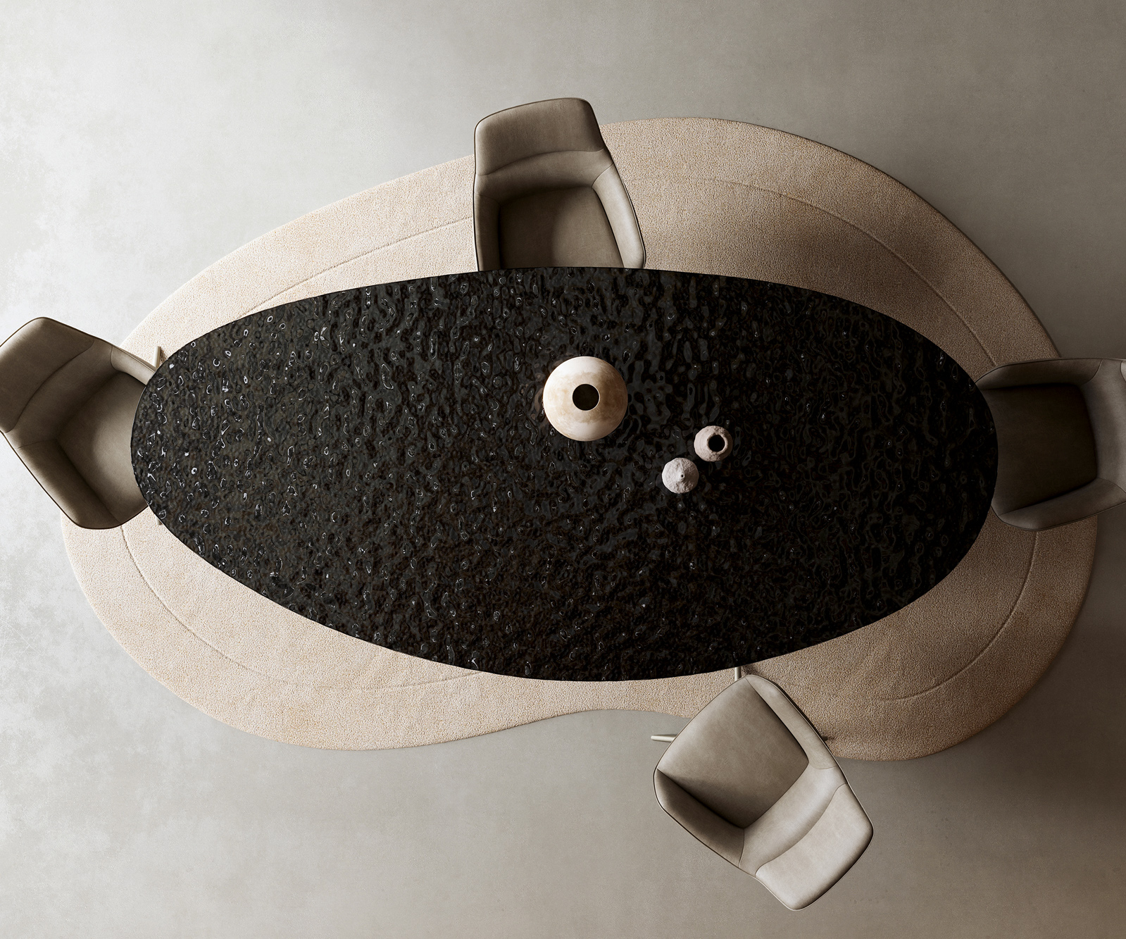 Jedálenský stôl Edge oválny 280x130 reliéfne sklo dymovo čierna 3D dizajn Zenthara hranatý kov titánová farba - Image 6