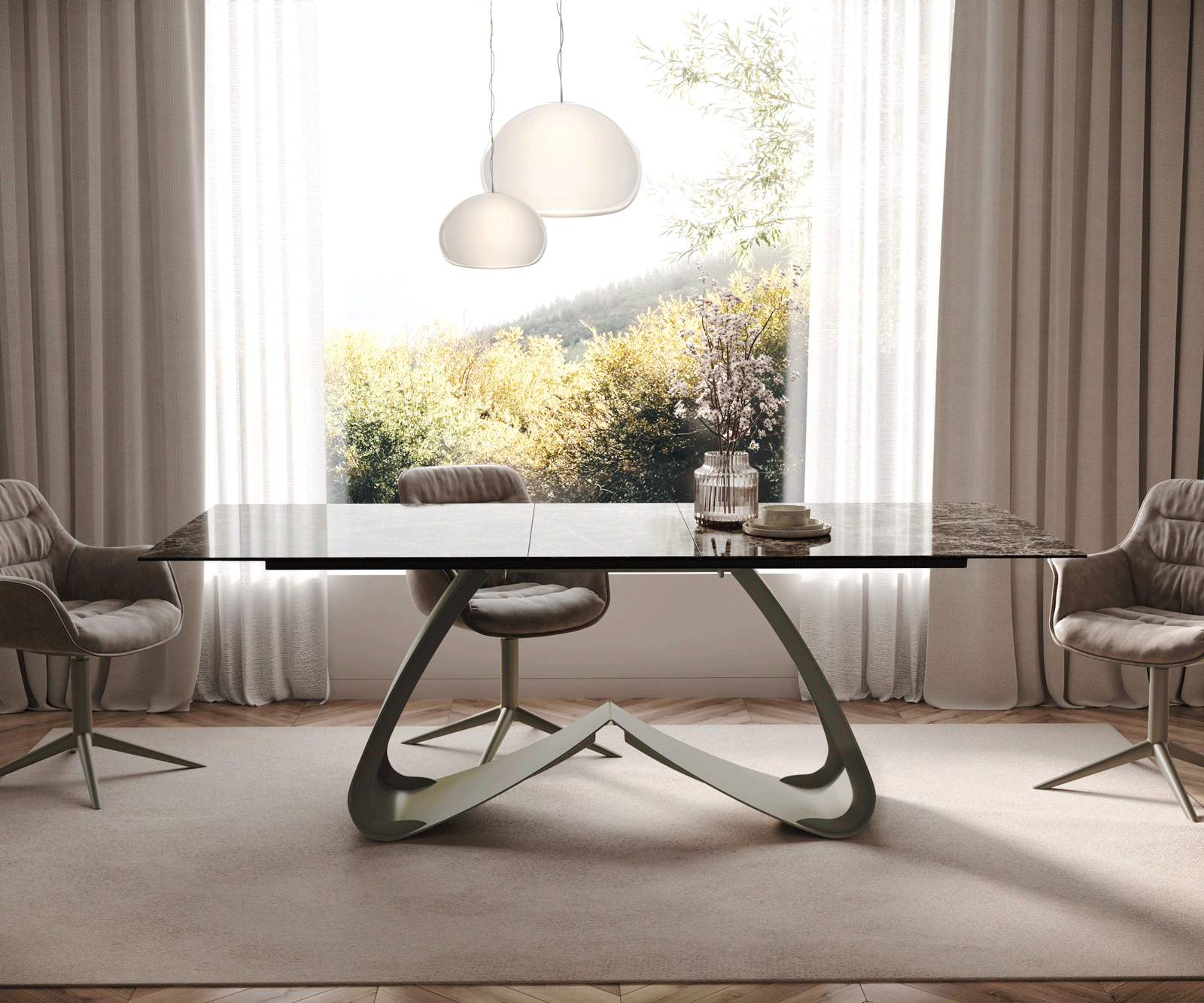 Jedálenský stôl Edge 180-220x100 keramika Laminam® Emperador Extra Lucidato tmavohnedá podstava v tvare W titánová farba rozkladací - Image 2