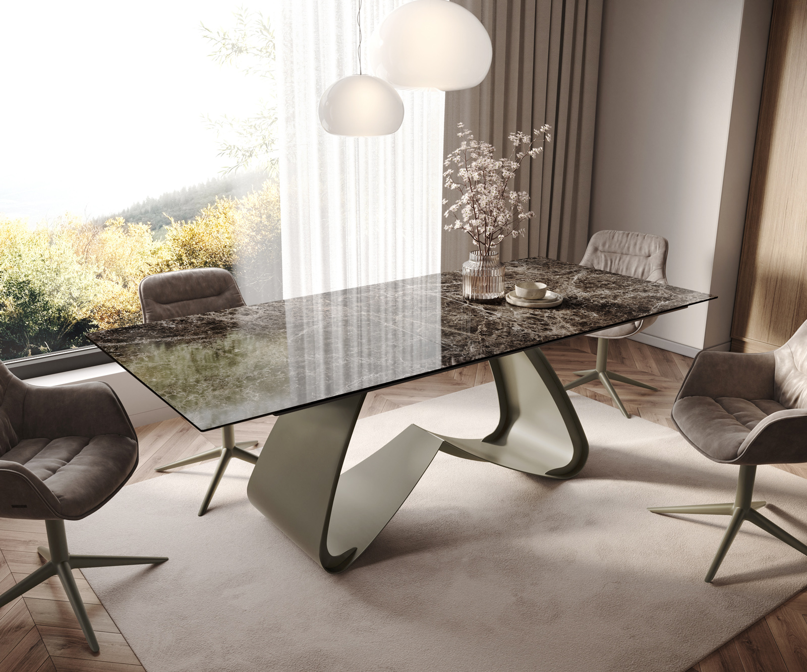 Jedálenský stôl Edge 180-220x100 keramika Laminam® Emperador Extra Lucidato tmavohnedá podstava v tvare W titánová farba rozkladací