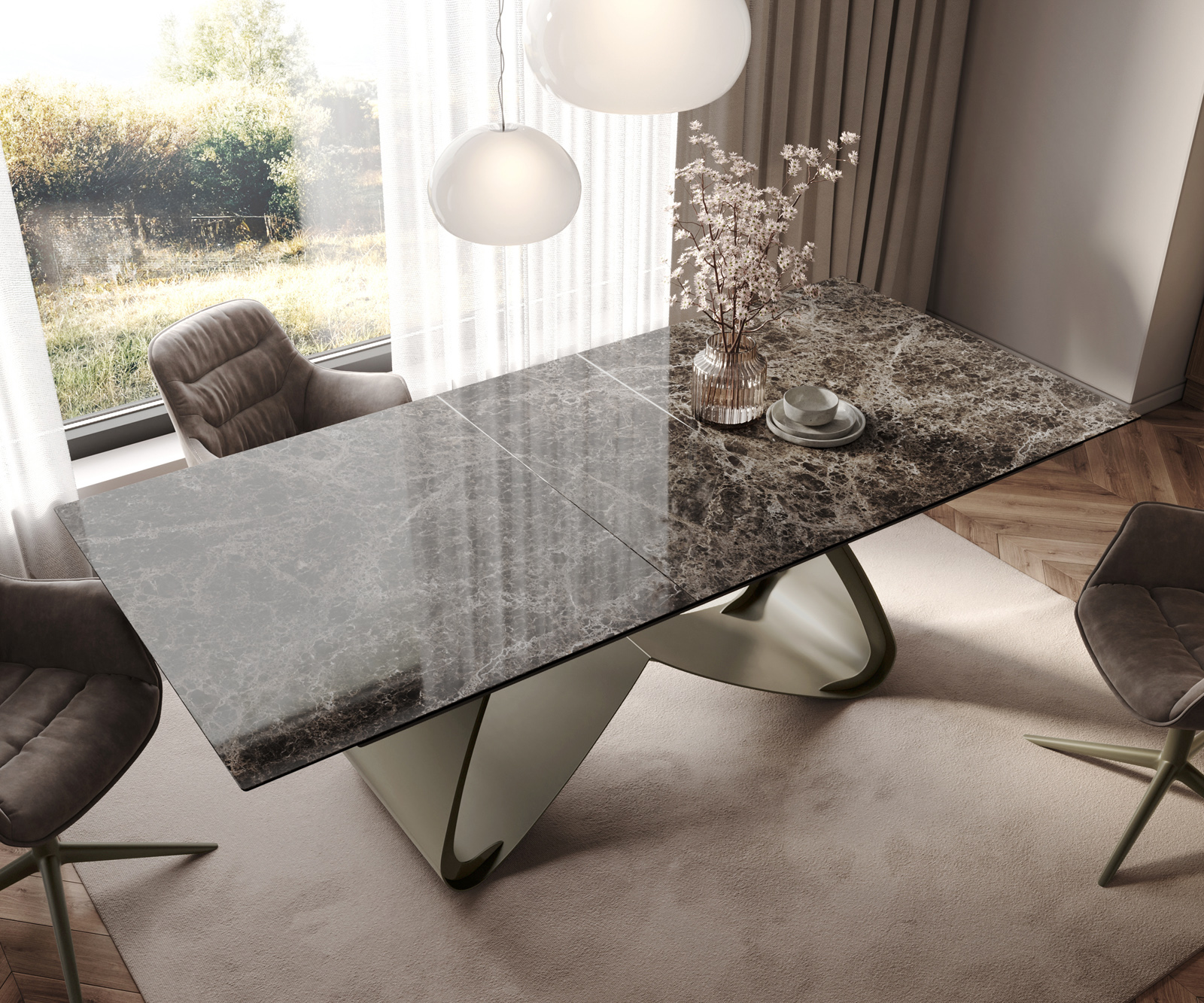 Jedálenský stôl Edge 180-220x100 keramika Laminam® Emperador Extra Lucidato tmavohnedá podstava v tvare W titánová farba rozkladací - Image 4