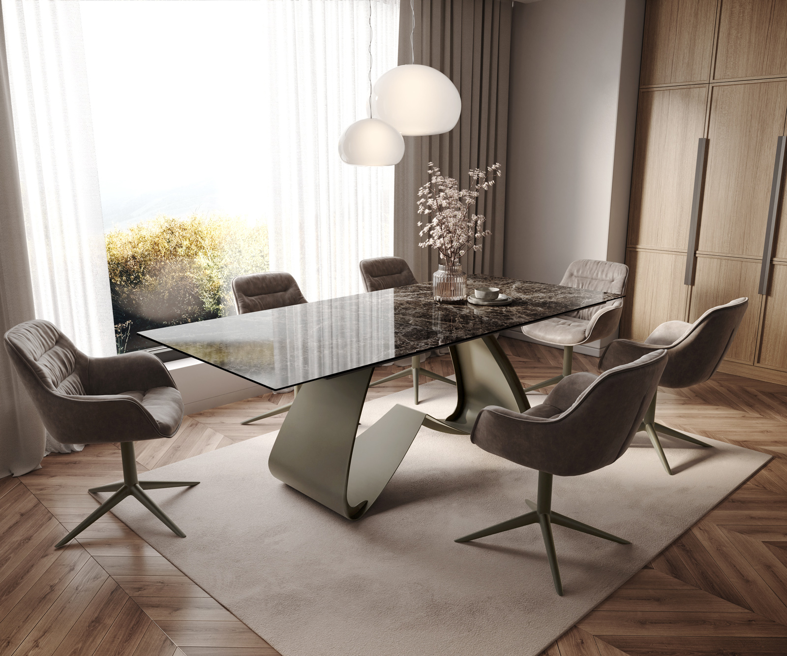 Jedálenský stôl Edge 180-220x100 keramika Laminam® Emperador Extra Lucidato tmavohnedá podstava v tvare W titánová farba rozkladací - Image 7