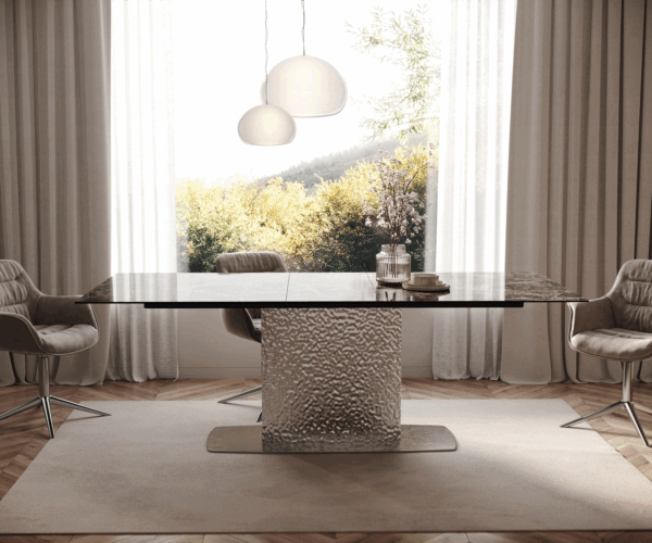 Jedálenský stôl Edge 180-220x100 keramika Laminam® Emperador Extra Lucidato tmavohnedá Wave nerezová oceľ rozkladací - Image 2