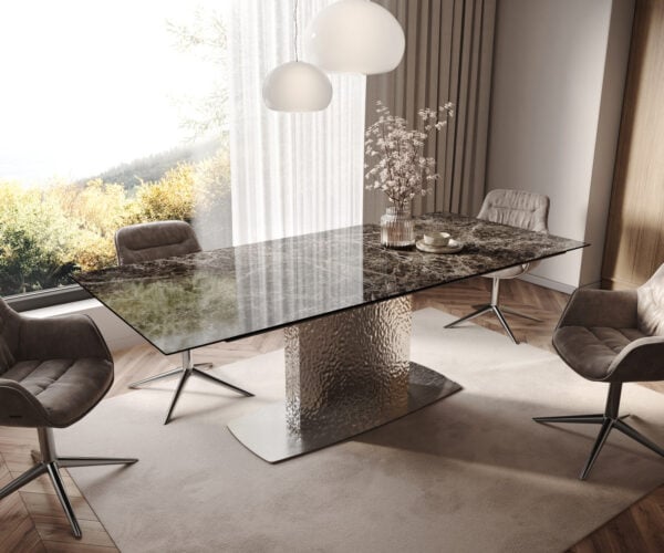 Jedálenský stôl Edge 180-220x100 keramika Laminam® Emperador Extra Lucidato tmavohnedá Wave nerezová oceľ rozkladací