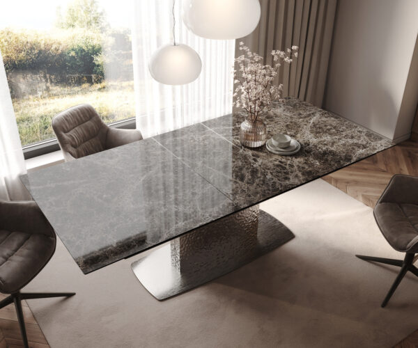 Jedálenský stôl Edge 180-220x100 keramika Laminam® Emperador Extra Lucidato tmavohnedá Wave nerezová oceľ rozkladací - Image 4