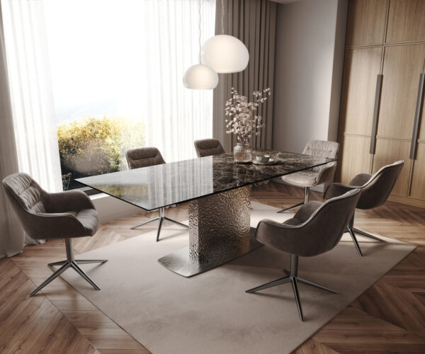 Jedálenský stôl Edge 180-220x100 keramika Laminam® Emperador Extra Lucidato tmavohnedá Wave nerezová oceľ rozkladací - Image 7