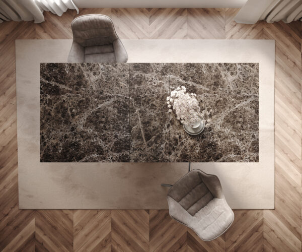 Jedálenský stôl Edge 180-220x100 keramika Laminam® Emperador Extra Lucidato tmavohnedá Wave nerezová oceľ rozkladací - Image 6