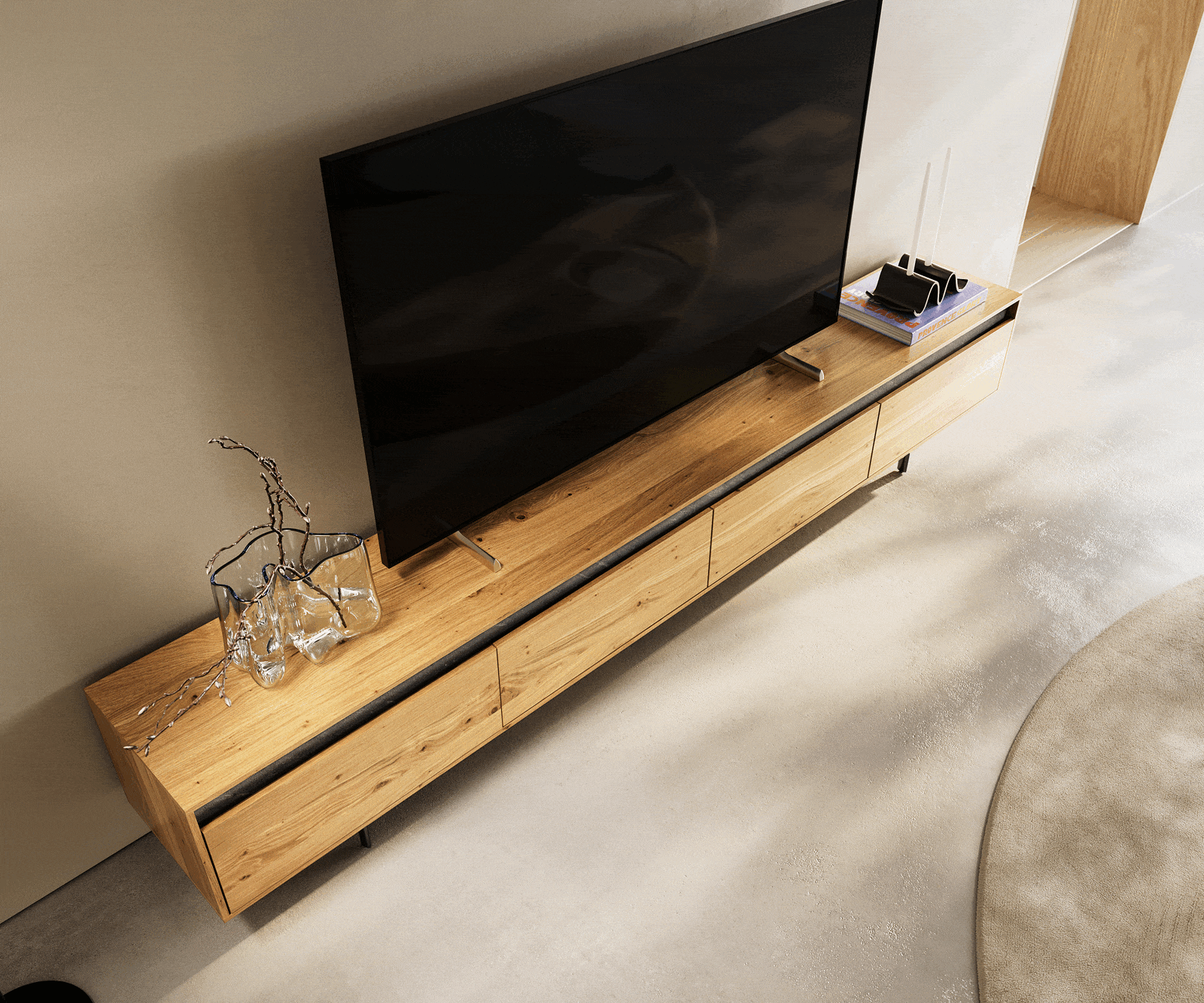TV stolík Stonegrace 240 cm dub prírodný 4 dvierka podstava oválny kov čierna - Image 7