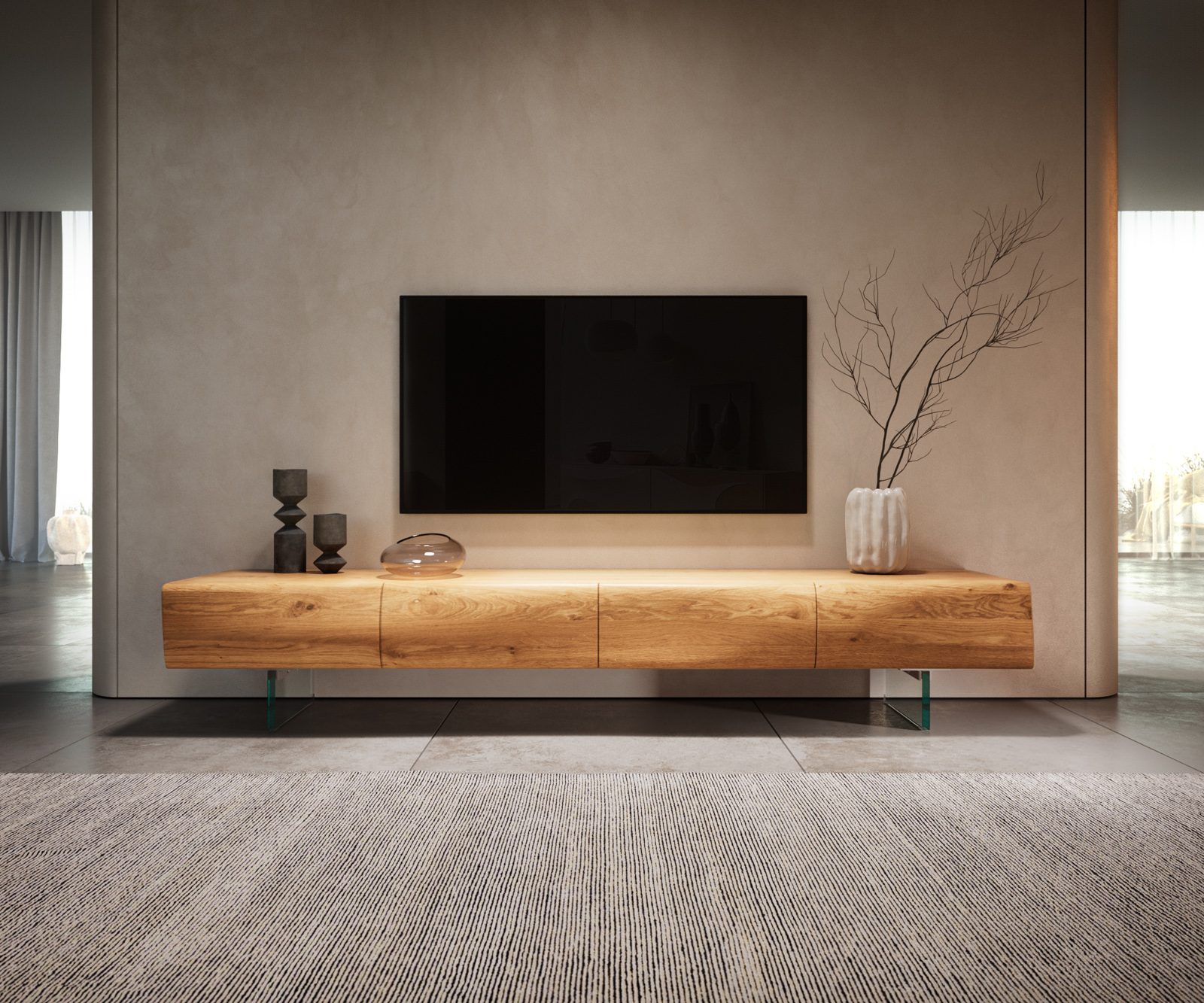 TV stolík New Live-Edge 200 cm dub prírodný 4 dvierka sklenená podstava