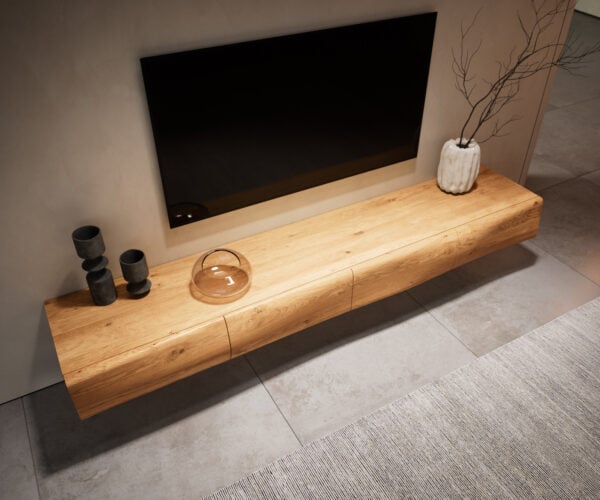 TV stolík New Live-Edge 200 cm dub prírodný 4 dvierka sklenená podstava - Image 6