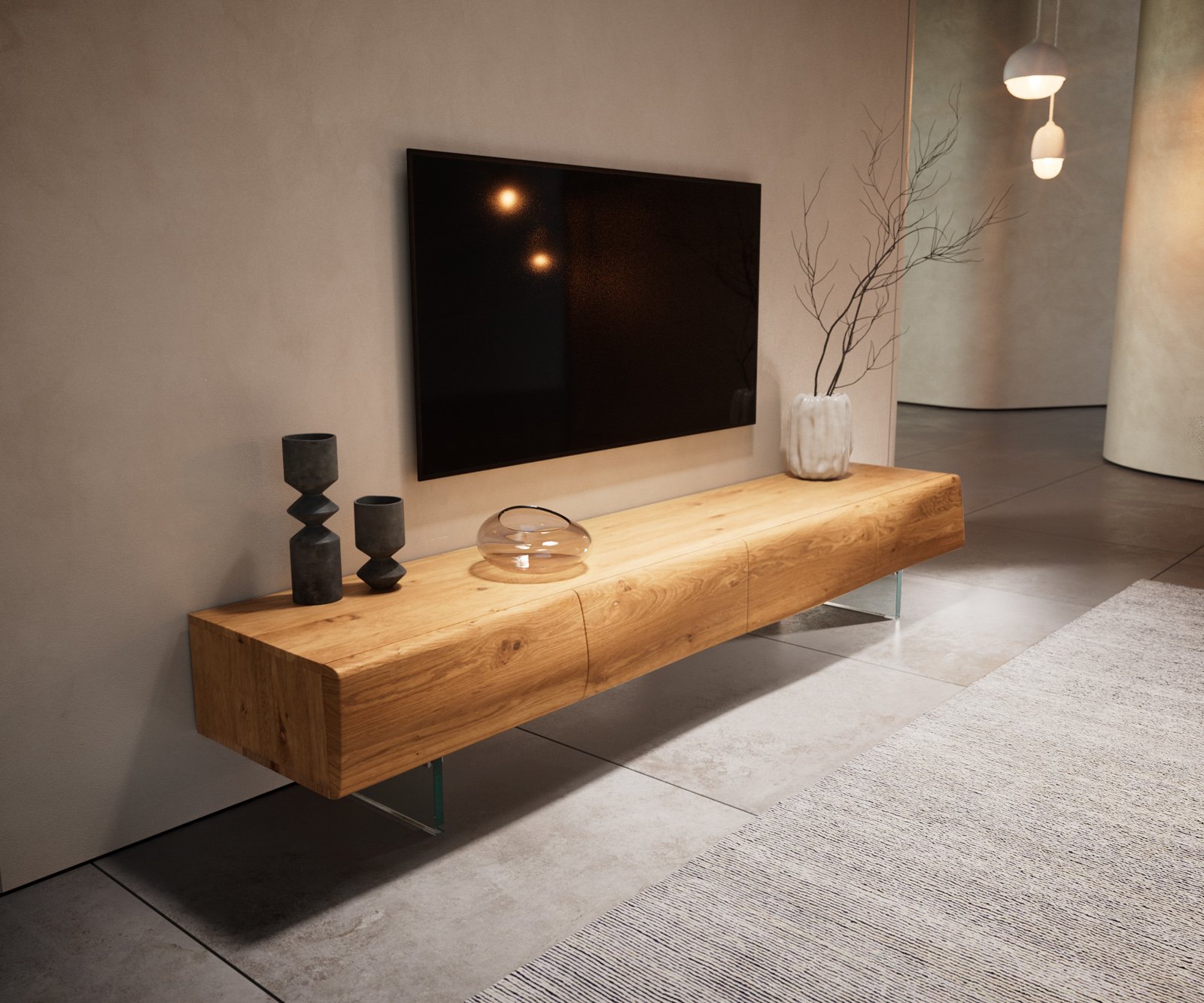 TV stolík New Live-Edge 200 cm dub prírodný 4 dvierka sklenená podstava - Image 8