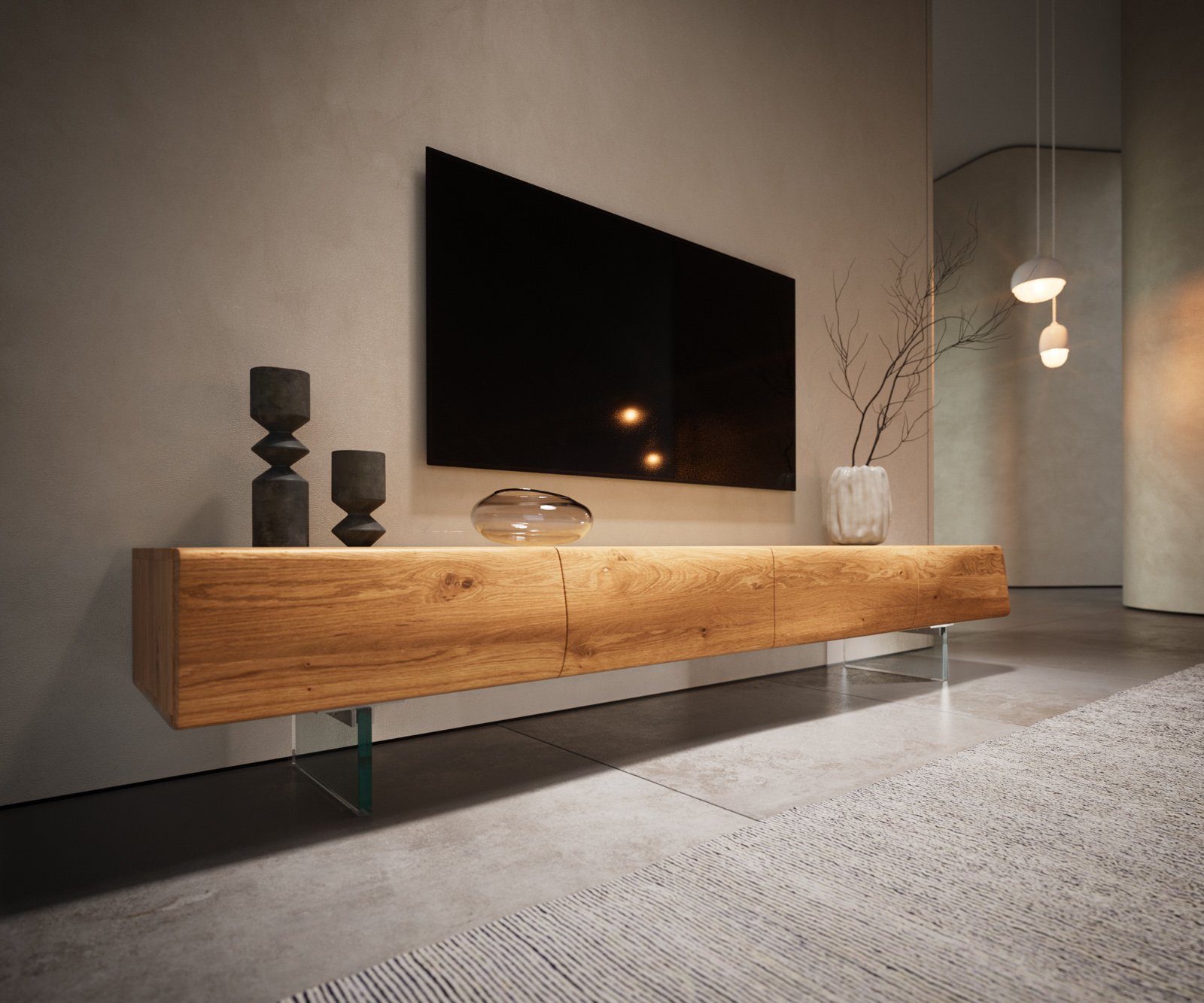 TV stolík New Live-Edge 200 cm dub prírodný 4 dvierka sklenená podstava - Image 9