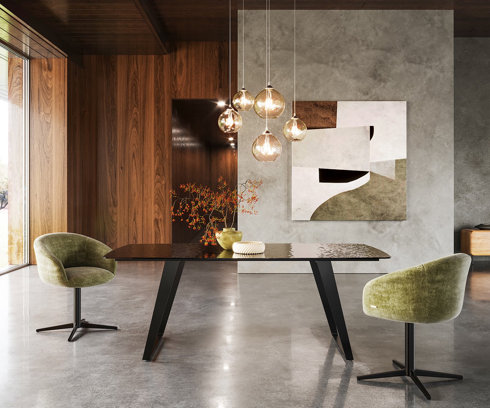 Jedálenský stôl Edge zaoblený tvar 200x100 reliéfne sklo dymovo čierna 3D dizajn kov šikmý čierna - Image 2