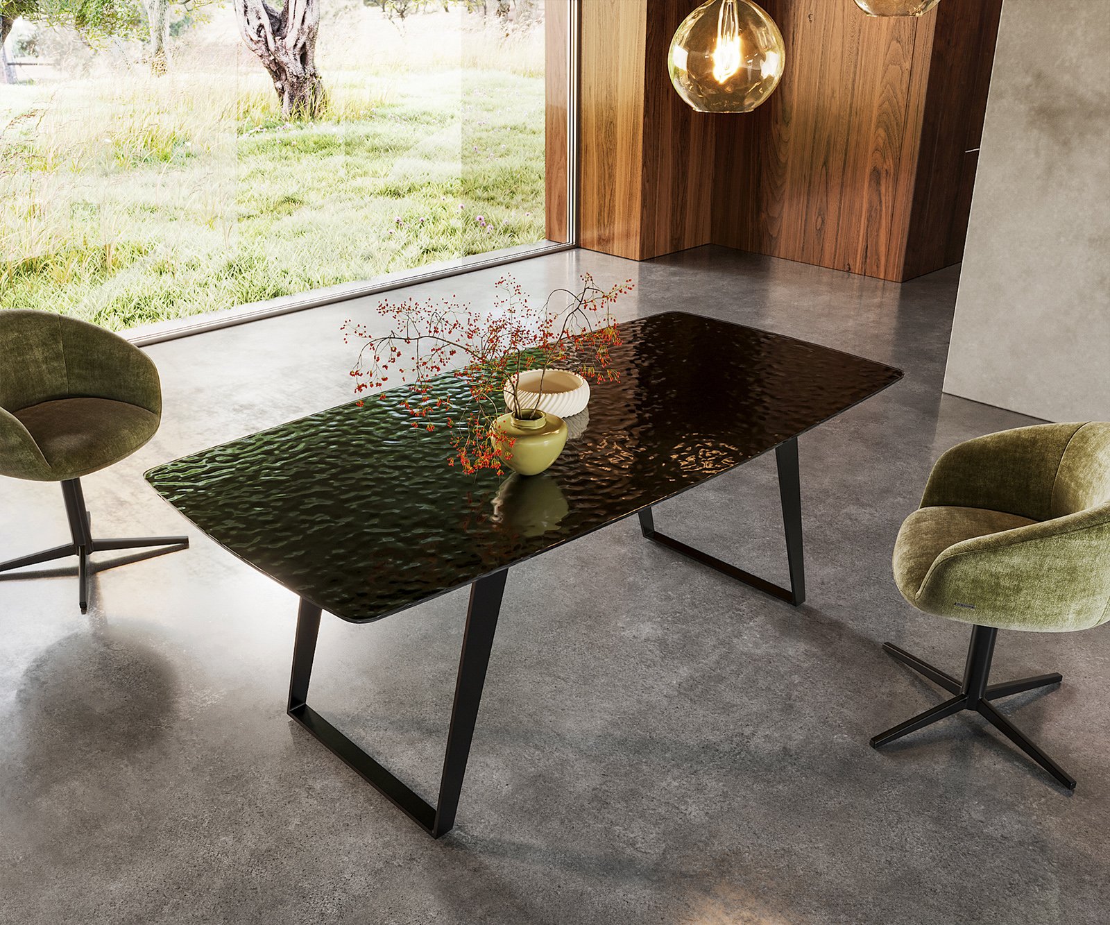 Jedálenský stôl Edge zaoblený tvar 200x100 reliéfne sklo dymovo čierna 3D dizajn kov šikmý čierna