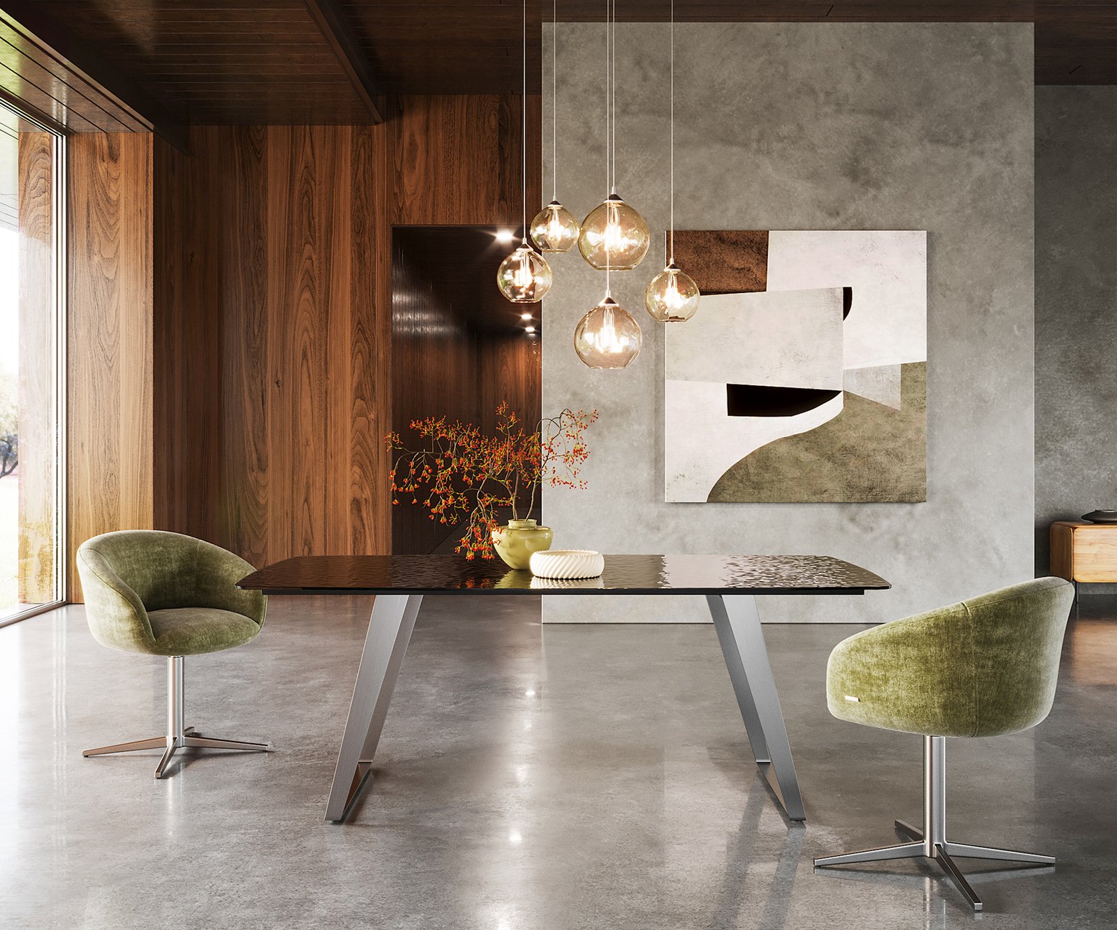 Jedálenský stôl Edge zaoblený tvar 200x100 reliéfne sklo dymovo čierna 3D dizajn nerezová oceľ skosený - Image 2