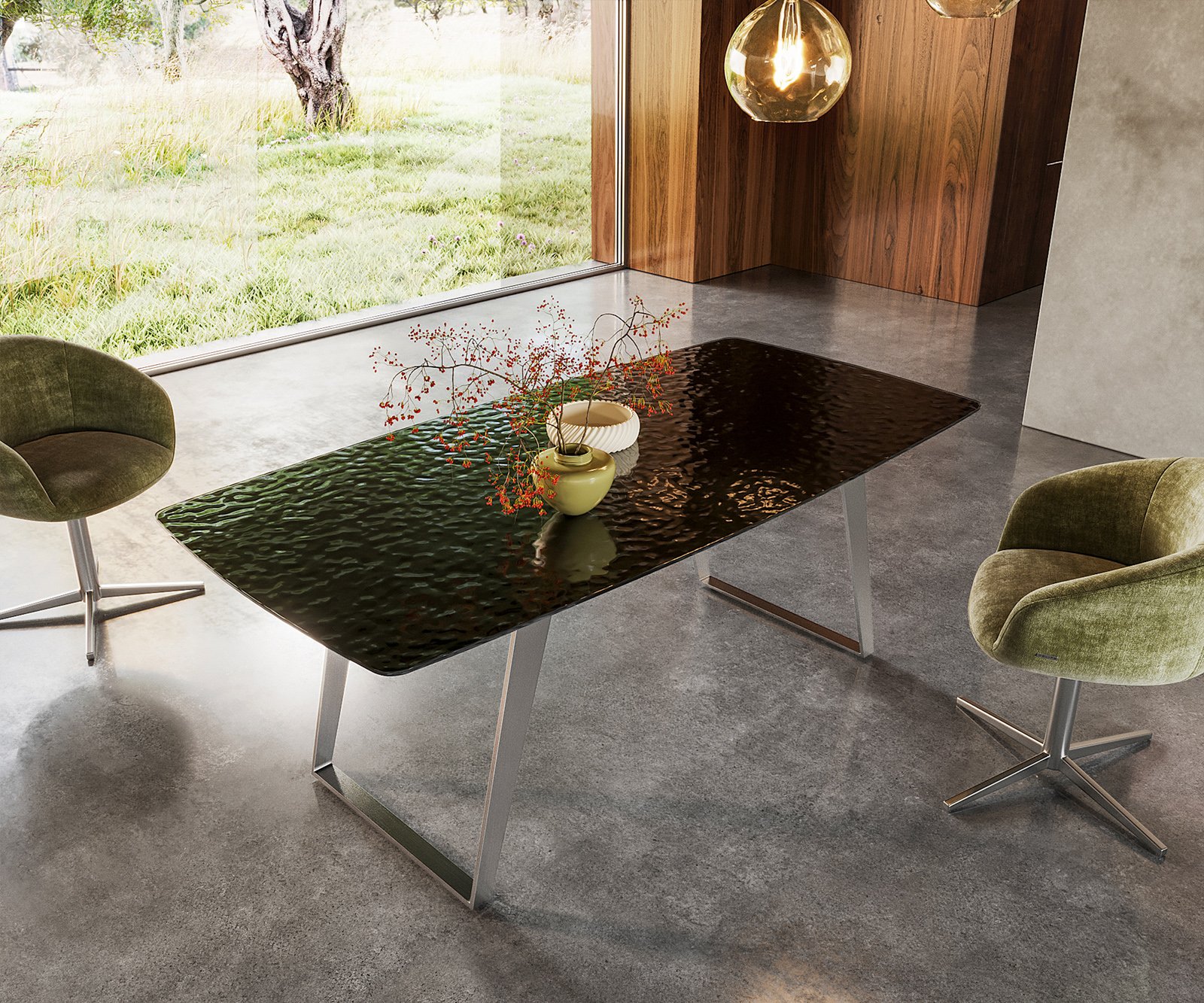 Jedálenský stôl Edge zaoblený tvar 200x100 reliéfne sklo dymovo čierna 3D dizajn nerezová oceľ skosený