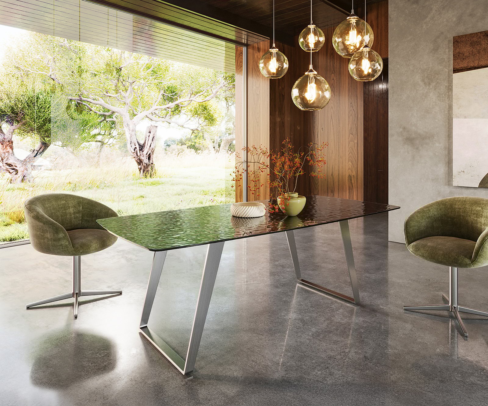 Jedálenský stôl Edge zaoblený tvar 200x100 reliéfne sklo dymovo čierna 3D dizajn nerezová oceľ skosený - Image 4