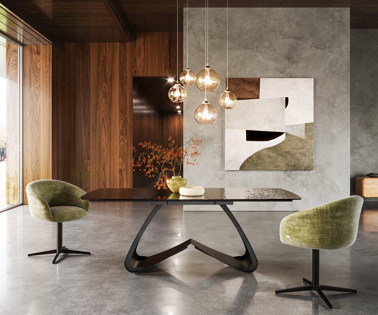 Jedálenský stôl Edge zaoblený tvar 200x100 reliéfne sklo dymovo čierna 3D dizajn podstava v tvare W kov čierna - Image 2