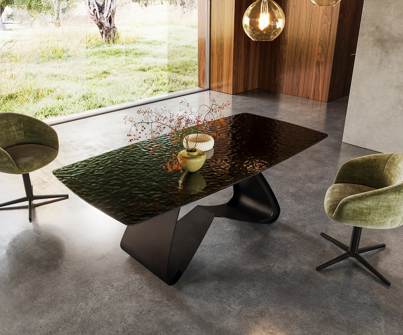 Jedálenský stôl Edge zaoblený tvar 200x100 reliéfne sklo dymovo čierna 3D dizajn podstava v tvare W kov čierna