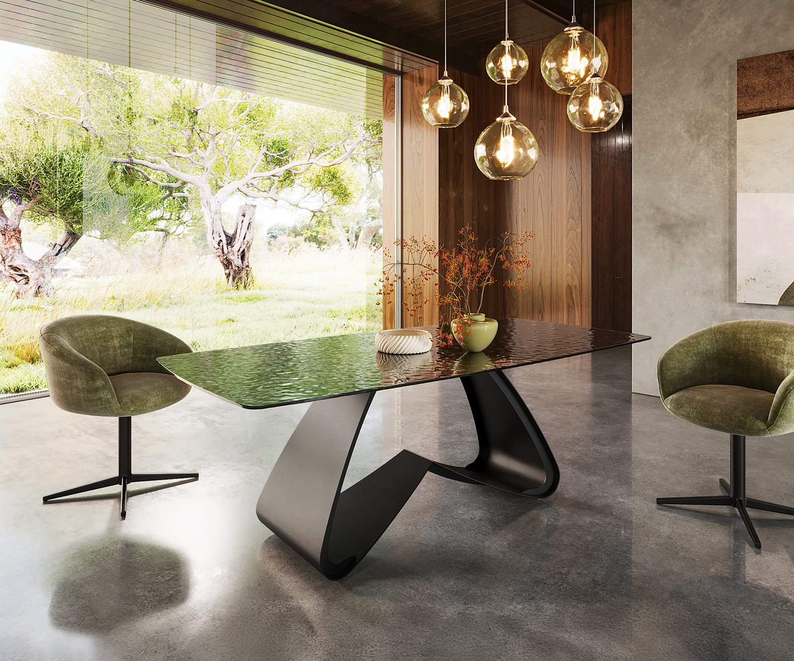 Jedálenský stôl Edge zaoblený tvar 200x100 reliéfne sklo dymovo čierna 3D dizajn podstava v tvare W kov čierna - Image 4