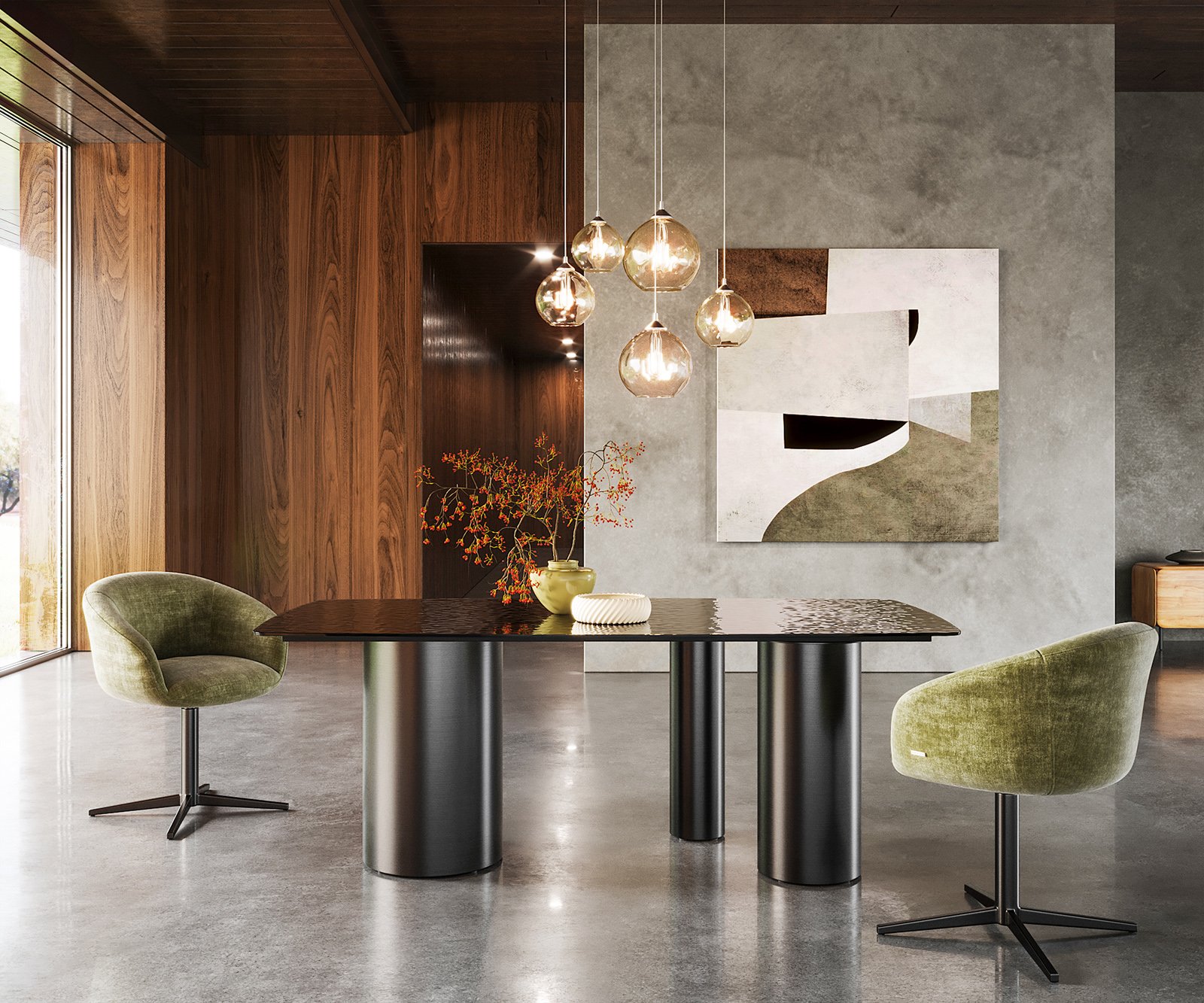 Jedálenský stôl Edge zaoblený tvar 200x100 reliéfne sklo dymovo čierna 3D dizajn Troa nerezová oceľ grafitová - Image 2