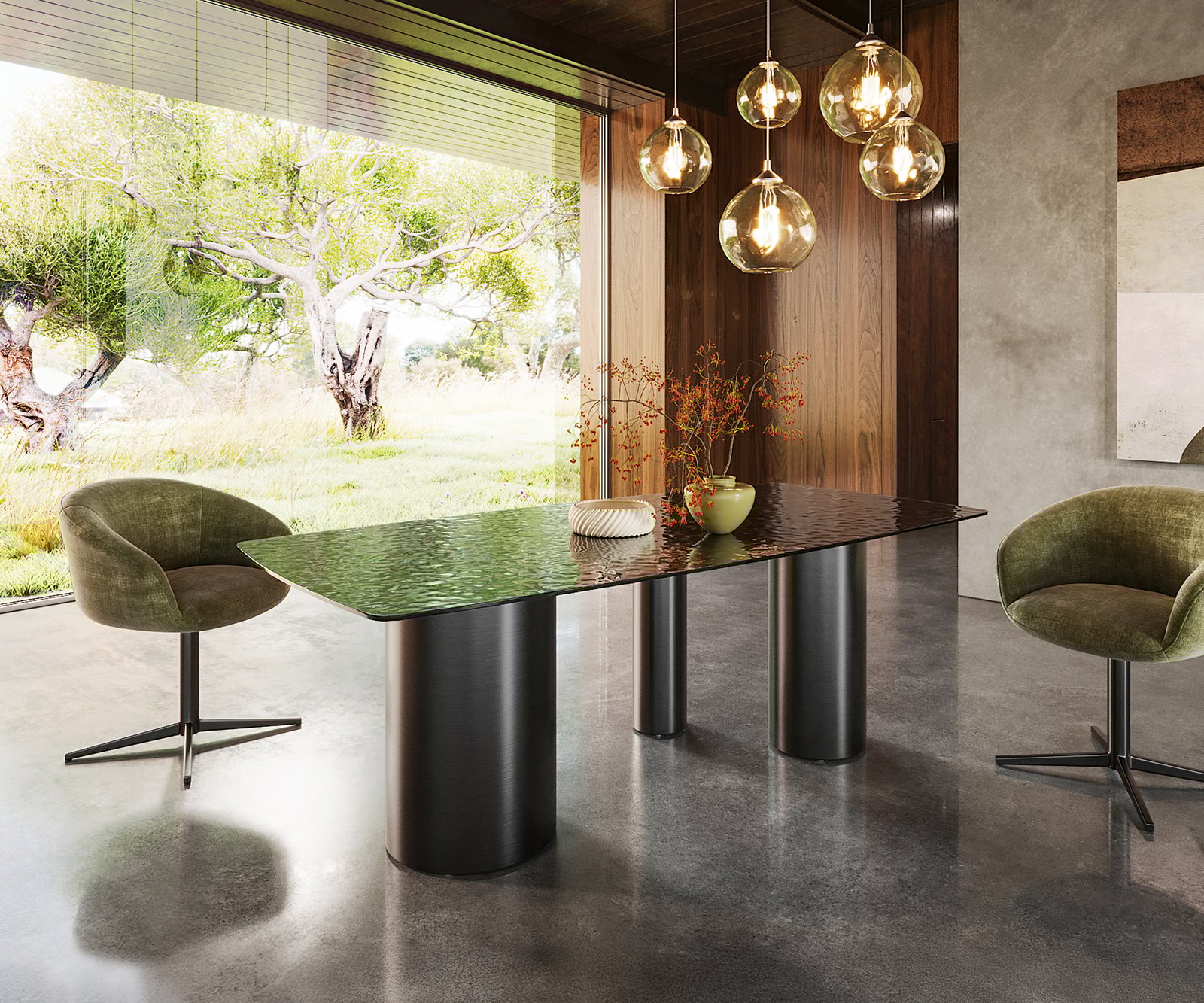 Jedálenský stôl Edge zaoblený tvar 200x100 reliéfne sklo dymovo čierna 3D dizajn Troa nerezová oceľ grafitová - Image 4