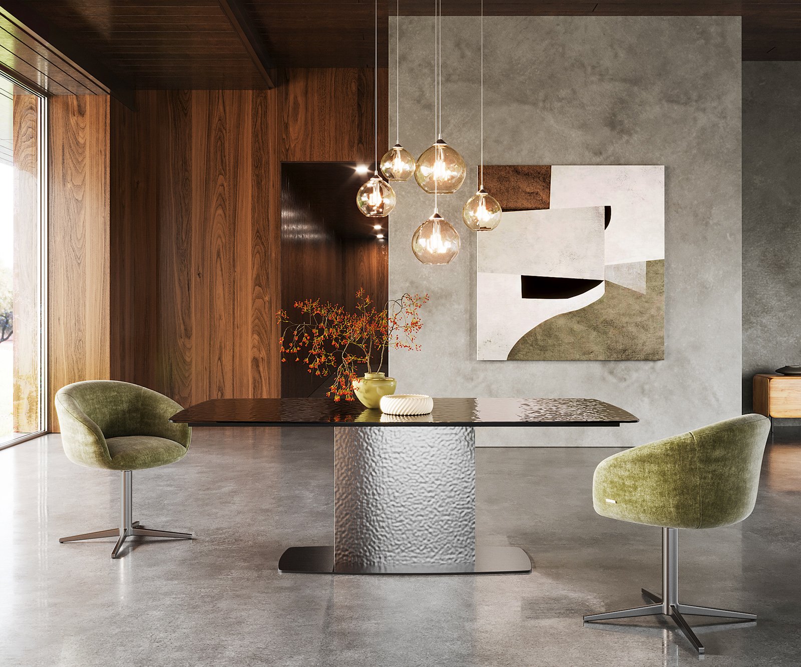 Jedálenský stôl Edge zaoblený tvar 200x100 reliéfne sklo dymovo čierna 3D dizajn vlna nerezová oceľ - Image 2