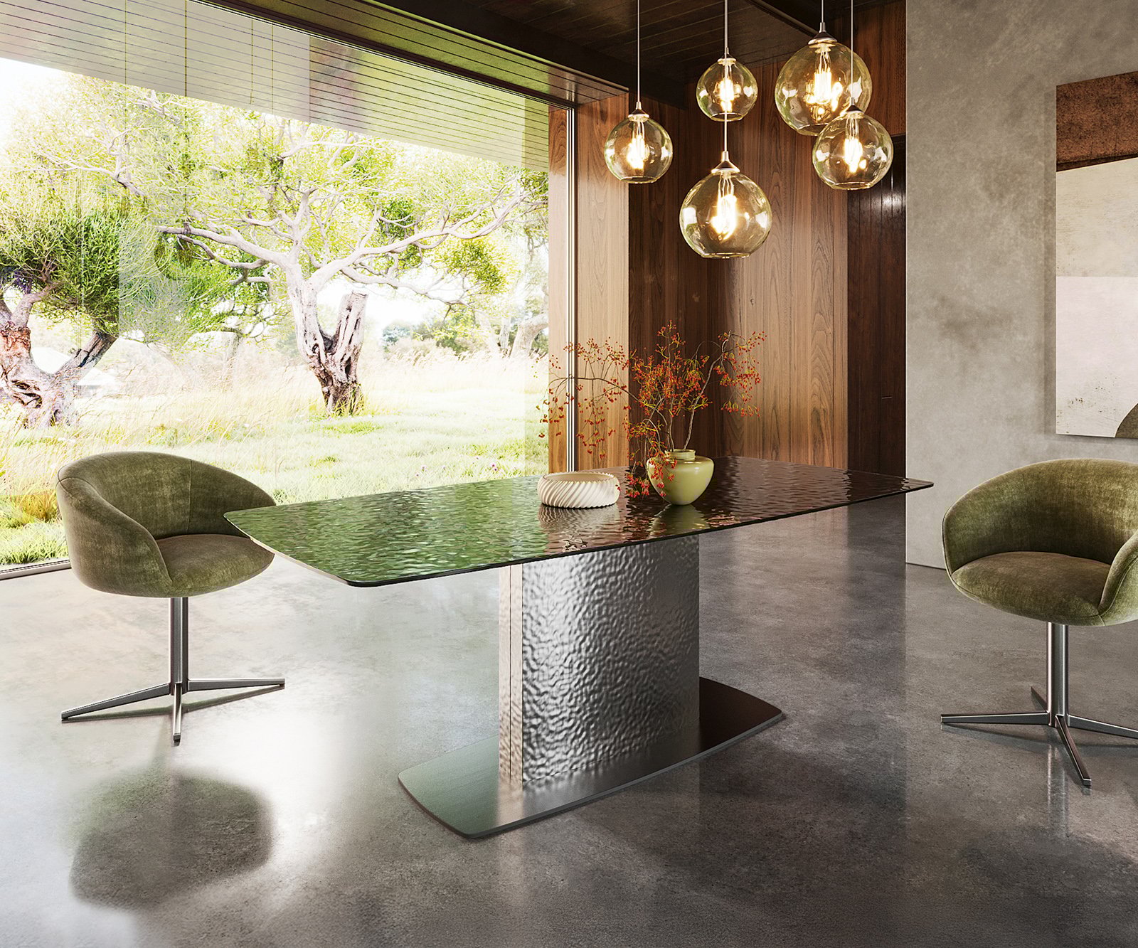 Jedálenský stôl Edge zaoblený tvar 200x100 reliéfne sklo dymovo čierna 3D dizajn vlna nerezová oceľ - Image 4