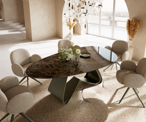 Jedálenský stôl Edge oválny 220x120 keramika Laminam® Emperador Extra Lucidato tmavohnedý podstava v tvare W kov titánová farba