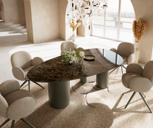 Jedálenský stôl Edge oválny 220x120 keramika Laminam® Emperador Extra Lucidato tmavohnedá Troa kov titánová farba