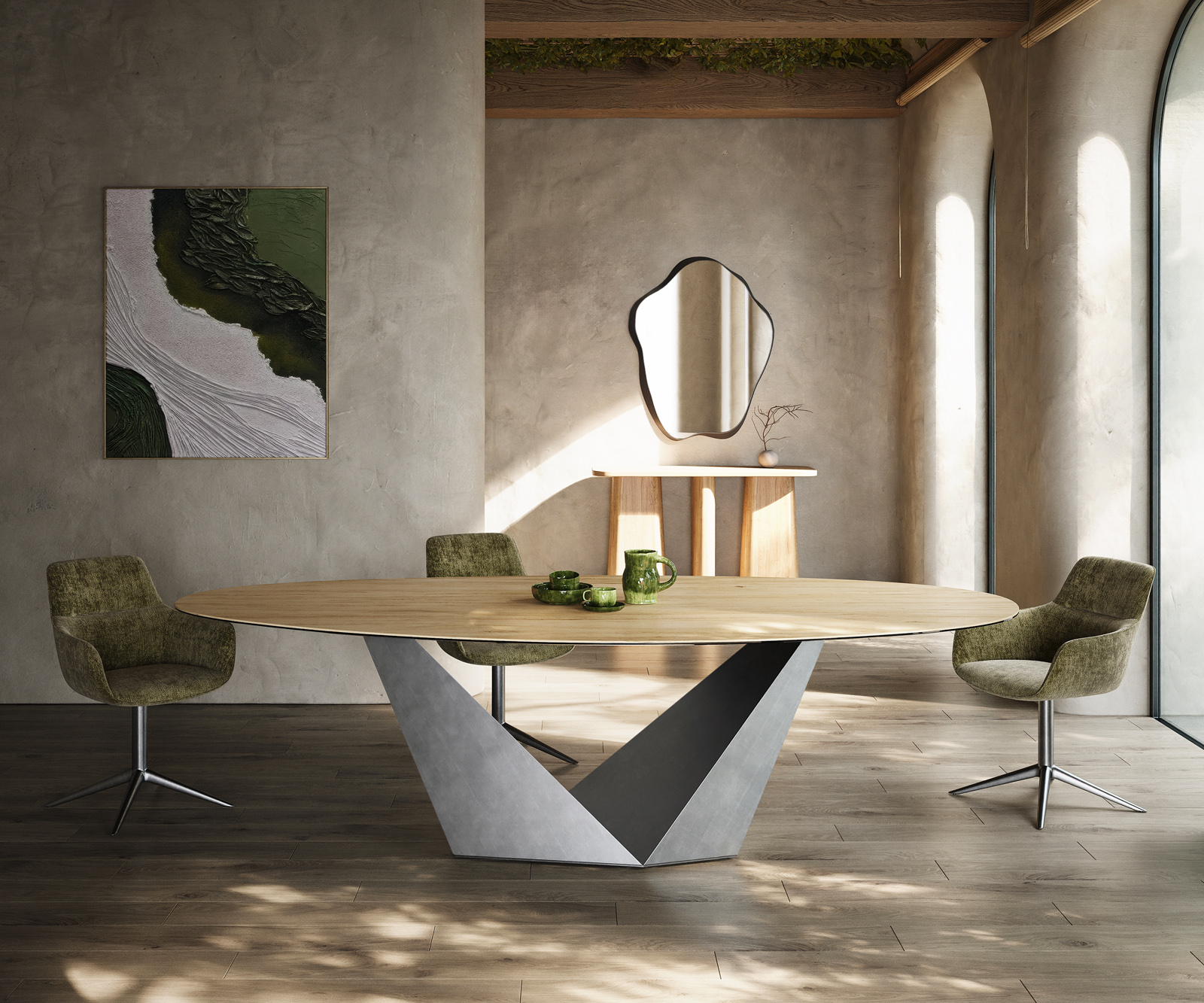 Jedálenský stôl Edge oválny 280x130 keramika Laminam® Sabbia dubová farba Prisma metalická strieborná